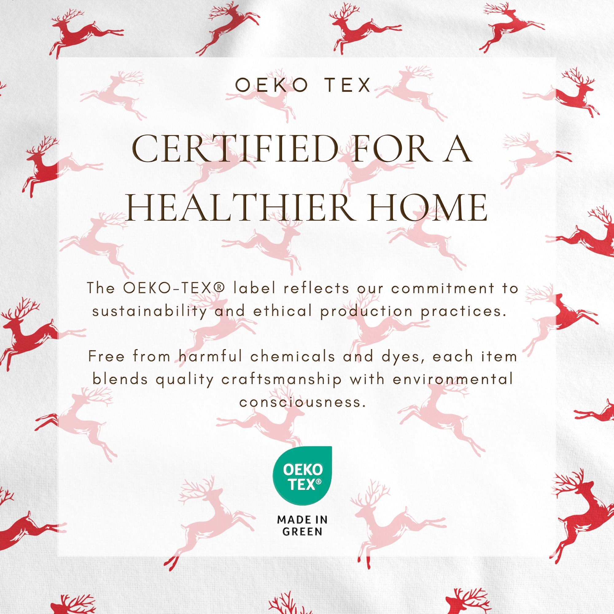 Oeko-Tex certification label with red deer pattern on a white background