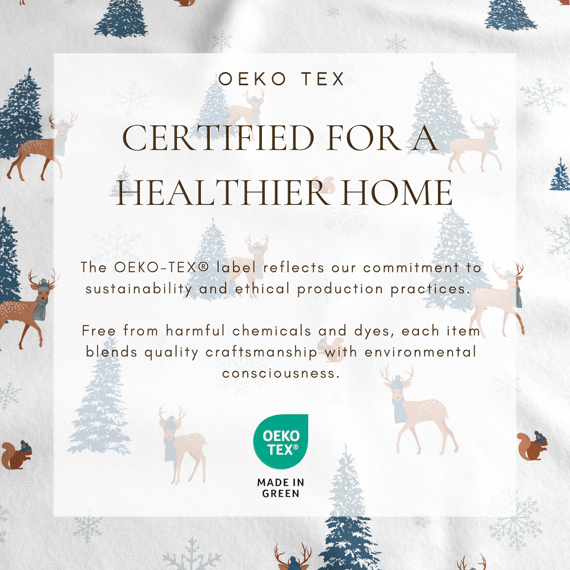 Oeko-Tex certification label with Christmas-themed background featuring trees and deer.
