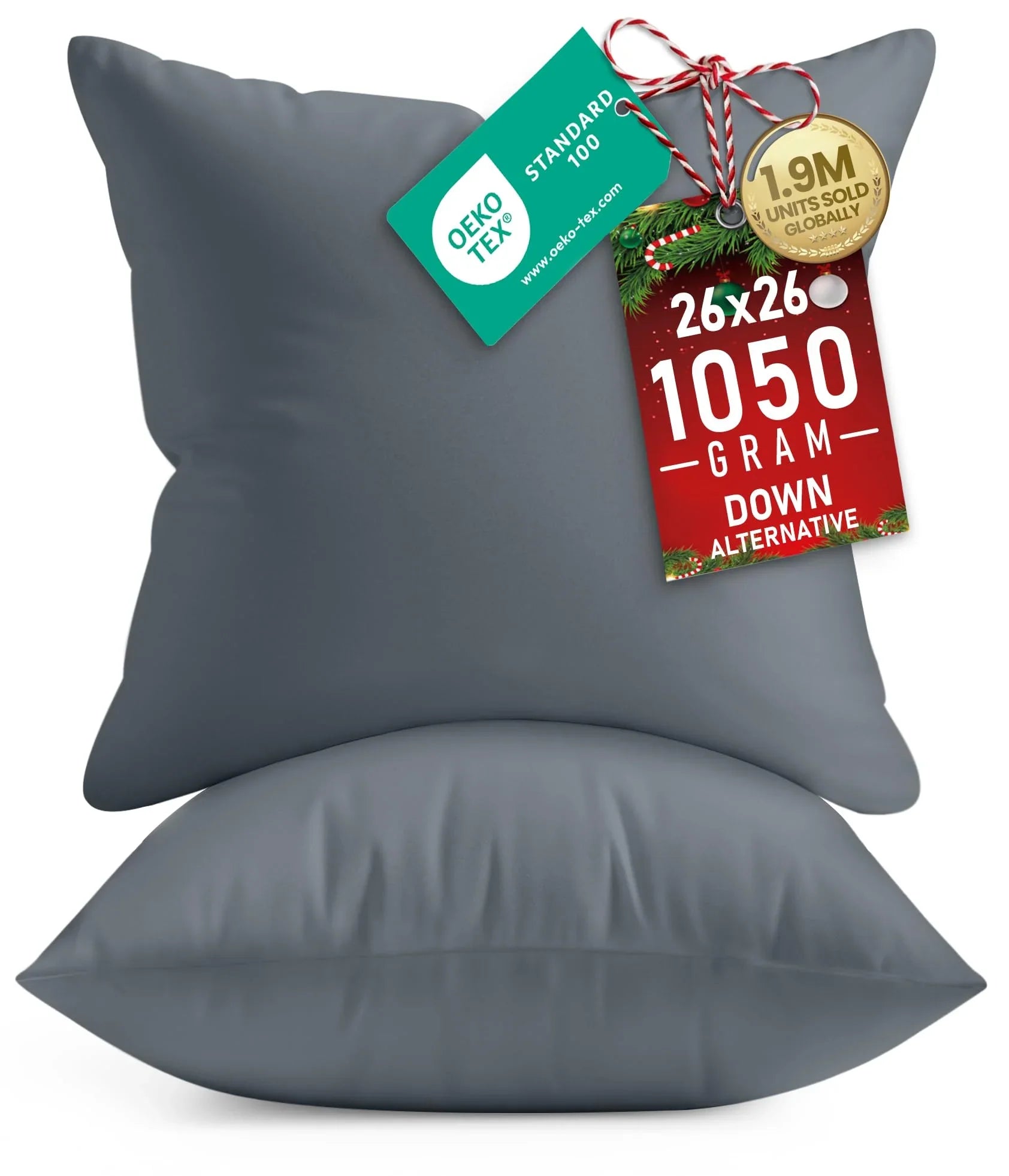 Set of two 26x26 inch grey down alternative pillow inserts with OEKO-TEX tag