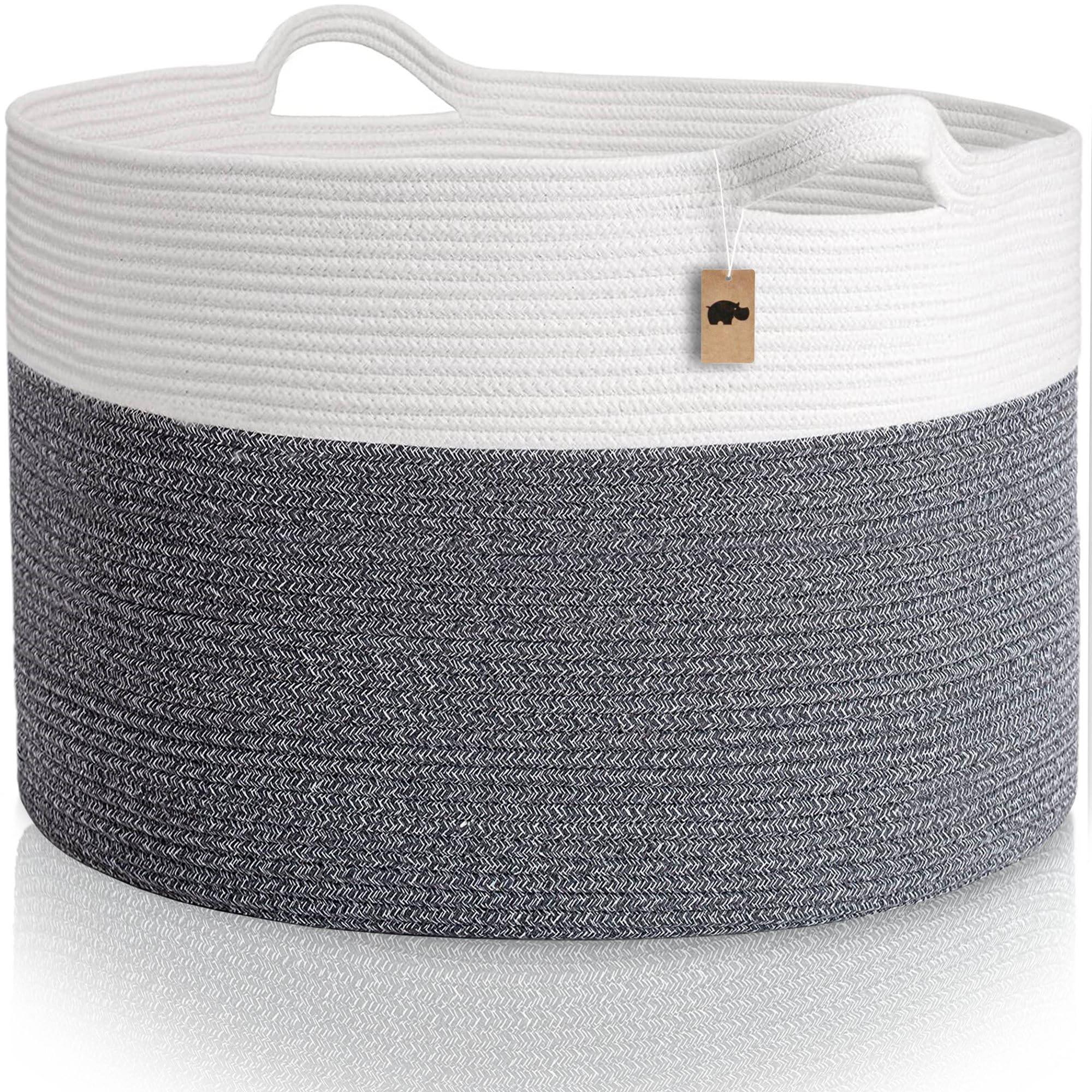 Little Hippo XXXL Cotton Rope Basket (22"x14") 100% Natural Cotton! Baby Gift, Large Blanket Storage for Living Room, Toy and Pillow Organizer (White & Brown) - KJ Cozy Designs