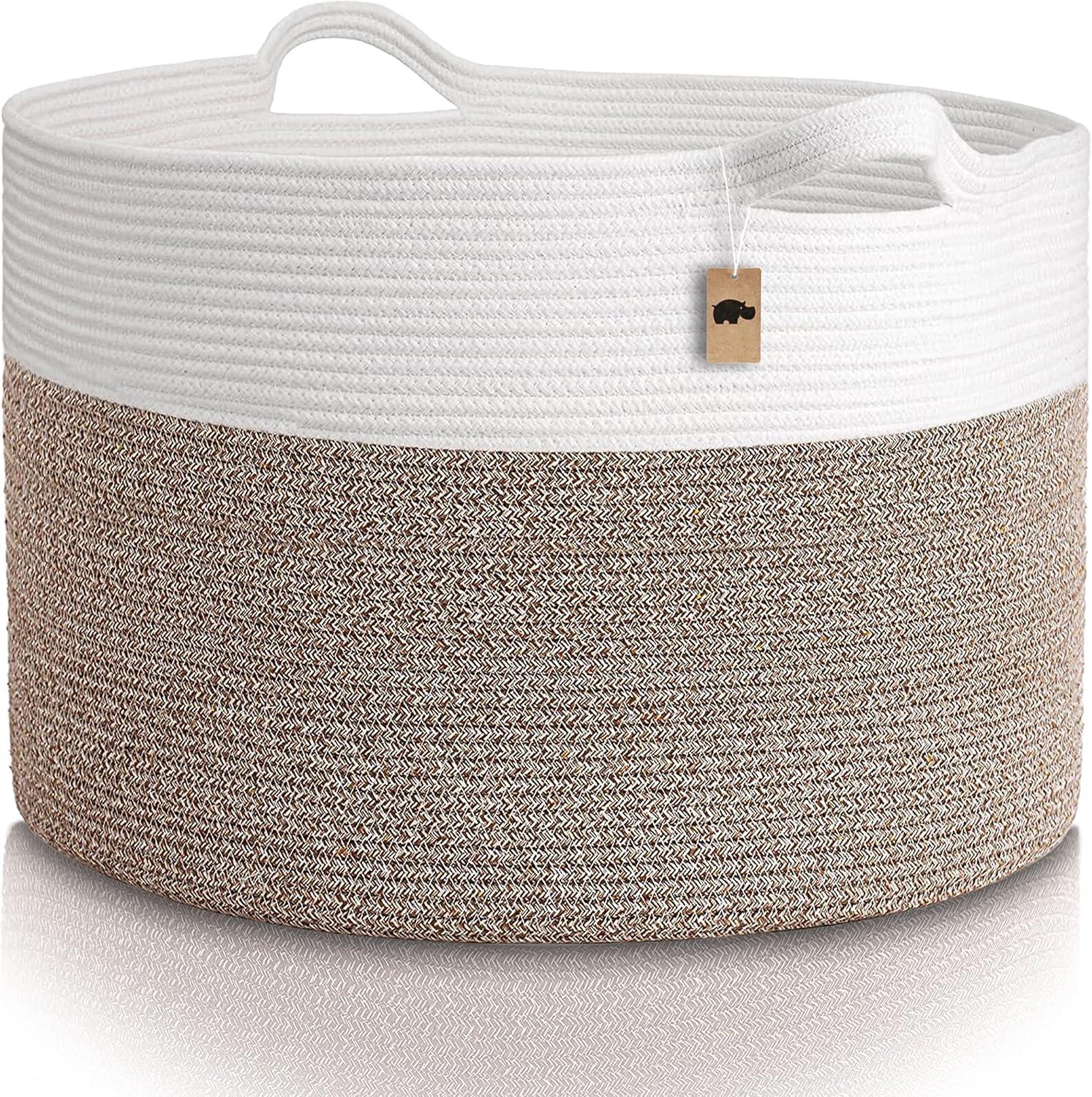 Little Hippo XXXL Cotton Rope Basket (22"x14") 100% Natural Cotton! Baby Gift, Large Blanket Storage for Living Room, Toy and Pillow Organizer (White & Brown) - KJ Cozy Designs