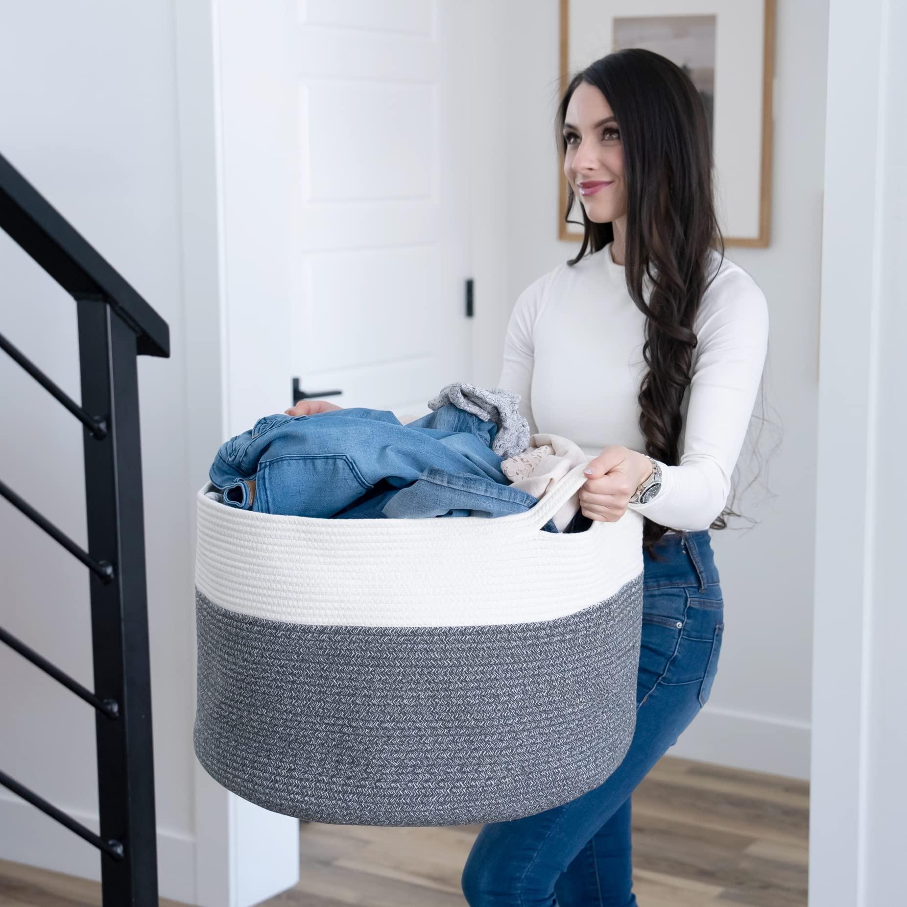 Little Hippo XXXL Cotton Rope Basket (22"x14") 100% Natural Cotton! Baby Gift, Large Blanket Storage for Living Room, Toy and Pillow Organizer (White & Brown) - KJ Cozy Designs