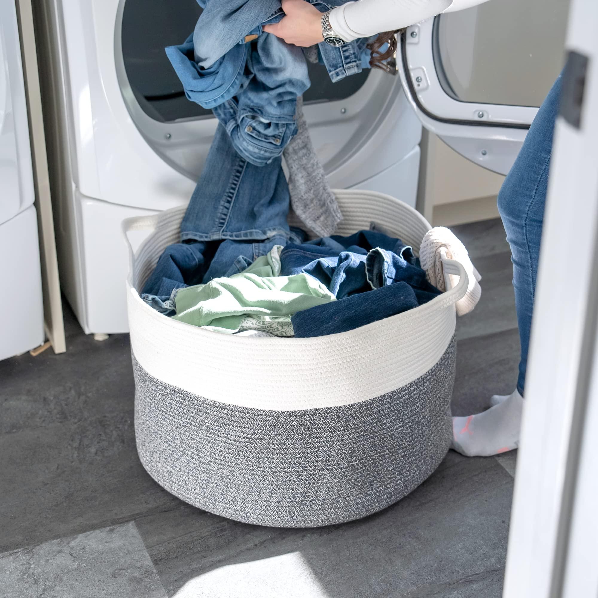 Little Hippo XXXL Cotton Rope Basket (22"x14") 100% Natural Cotton! Baby Gift, Large Blanket Storage for Living Room, Toy and Pillow Organizer (White & Brown) - KJ Cozy Designs