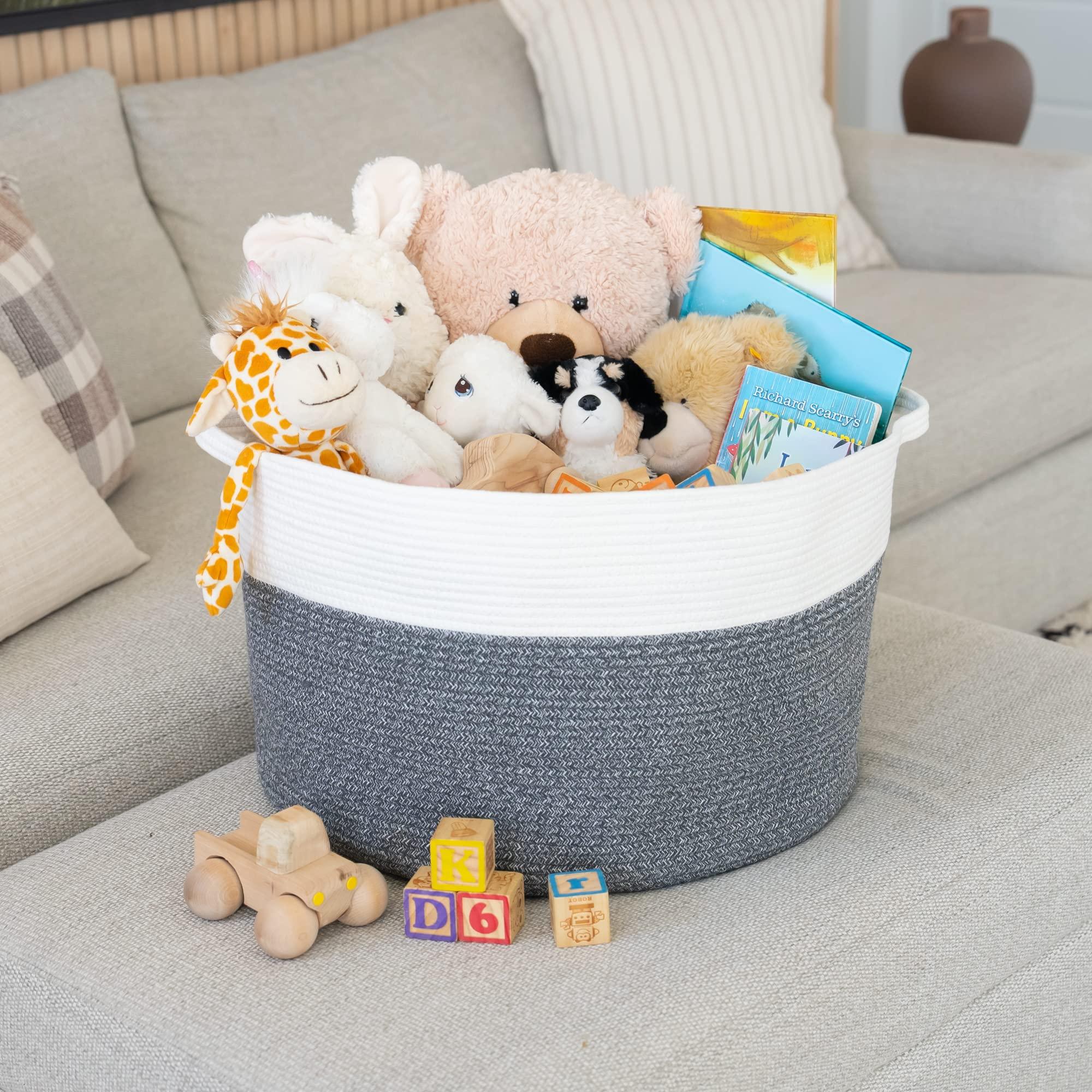 Little Hippo XXXL Cotton Rope Basket (22"x14") 100% Natural Cotton! Baby Gift, Large Blanket Storage for Living Room, Toy and Pillow Organizer (White & Brown) - KJ Cozy Designs