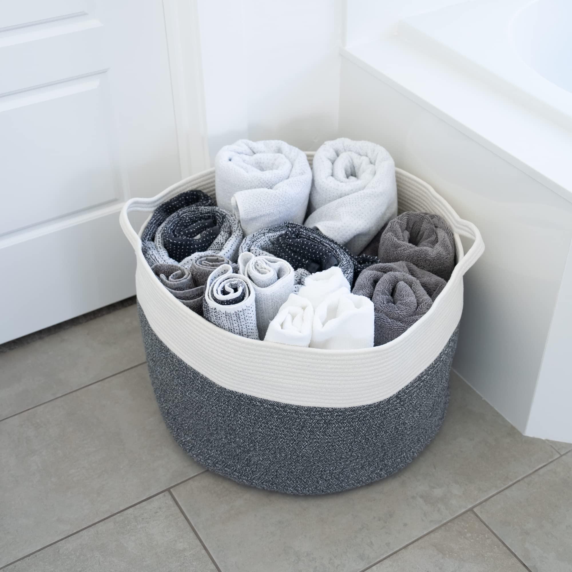 Little Hippo XXXL Cotton Rope Basket (22"x14") 100% Natural Cotton! Baby Gift, Large Blanket Storage for Living Room, Toy and Pillow Organizer (White & Brown) - KJ Cozy Designs