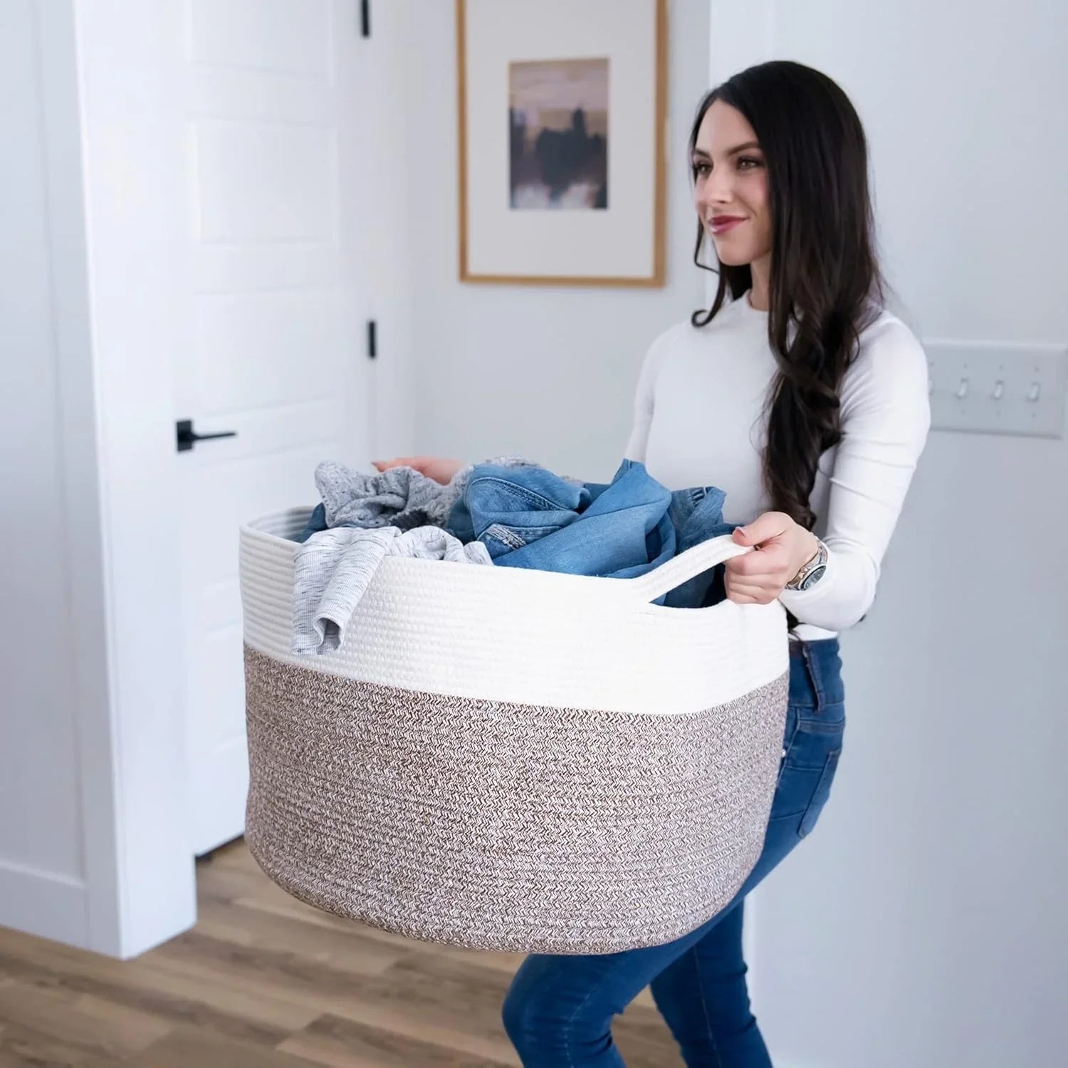 Little Hippo XXXL Cotton Rope Basket (22"x14") 100% Natural Cotton! Baby Gift, Large Blanket Storage for Living Room, Toy and Pillow Organizer (White & Brown) - KJ Cozy Designs