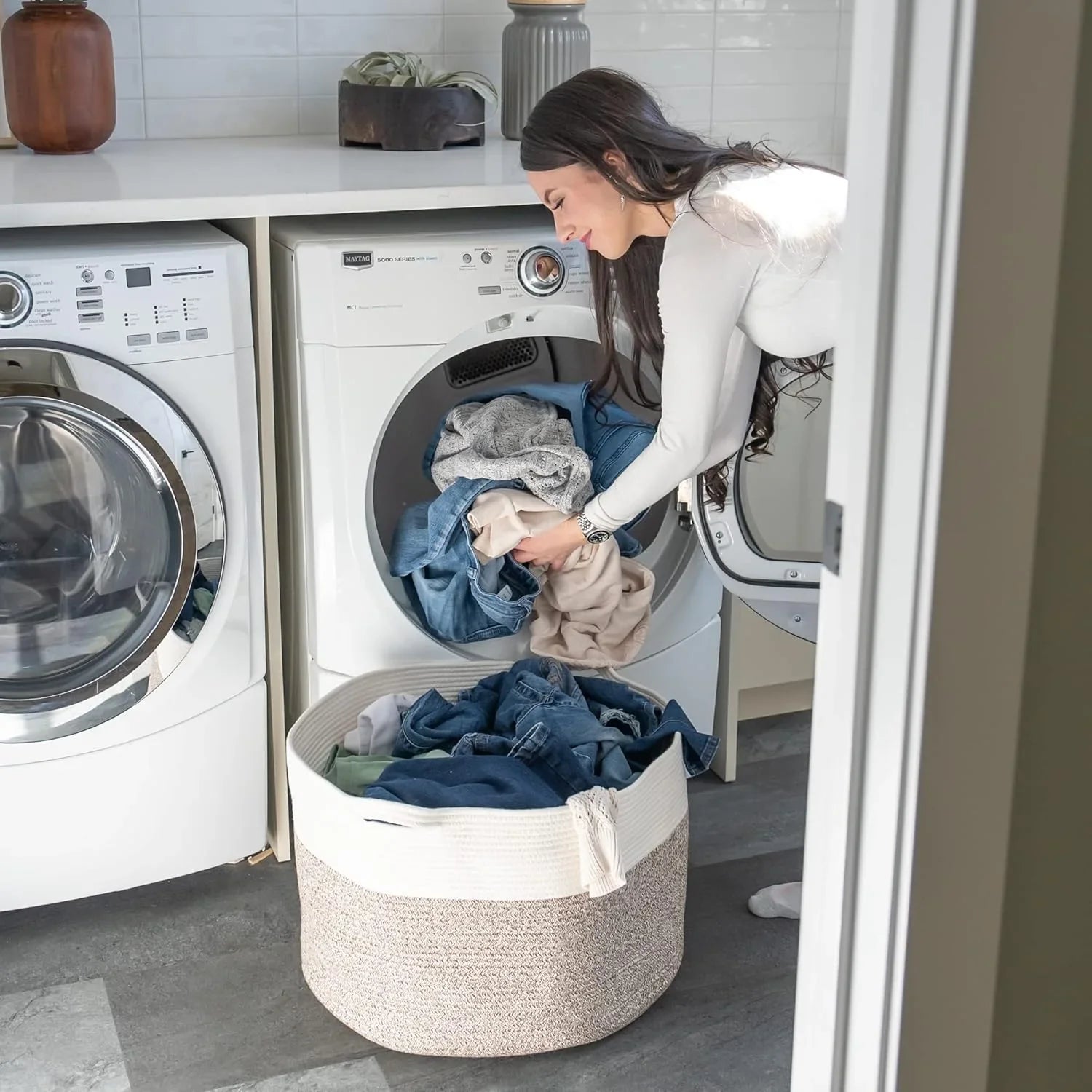 Little Hippo XXXL Cotton Rope Basket (22"x14") 100% Natural Cotton! Baby Gift, Large Blanket Storage for Living Room, Toy and Pillow Organizer (White & Brown) - KJ Cozy Designs