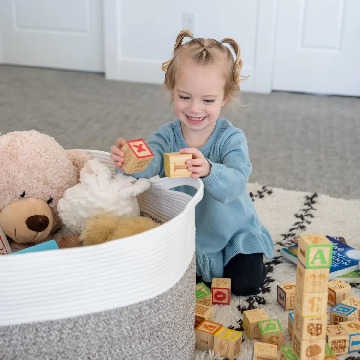 Little Hippo XXXL Cotton Rope Basket (22"x14") 100% Natural Cotton! Baby Gift, Large Blanket Storage for Living Room, Toy and Pillow Organizer (White & Brown) - KJ Cozy Designs