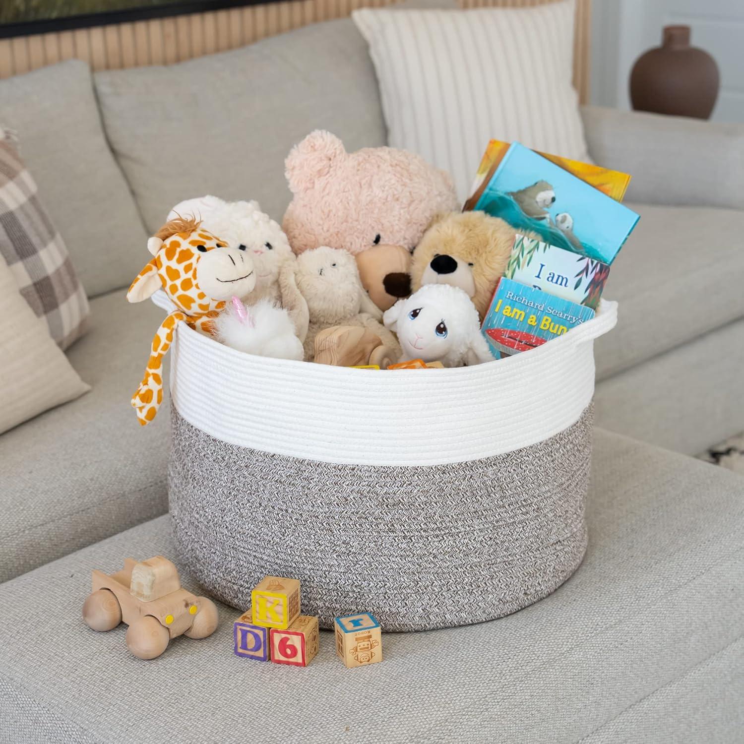 Little Hippo XXXL Cotton Rope Basket (22"x14") 100% Natural Cotton! Baby Gift, Large Blanket Storage for Living Room, Toy and Pillow Organizer (White & Brown) - KJ Cozy Designs