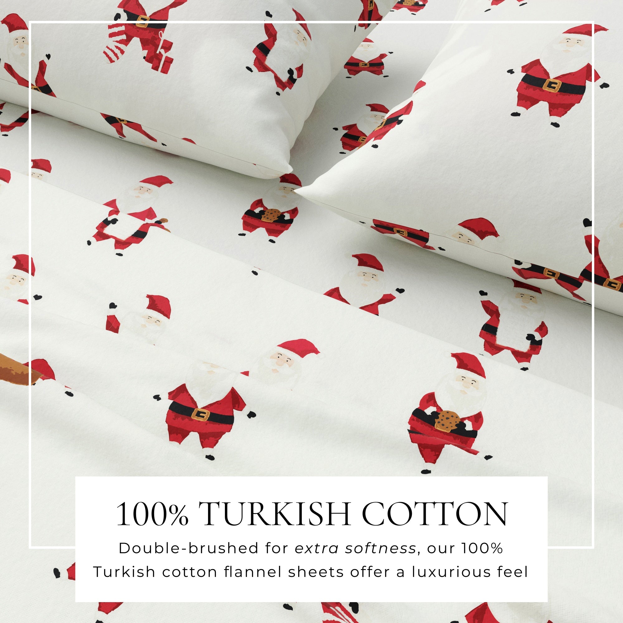 Flannel sheets with Santa Claus pattern on a white background, labeled as 100% Turkish cotton.