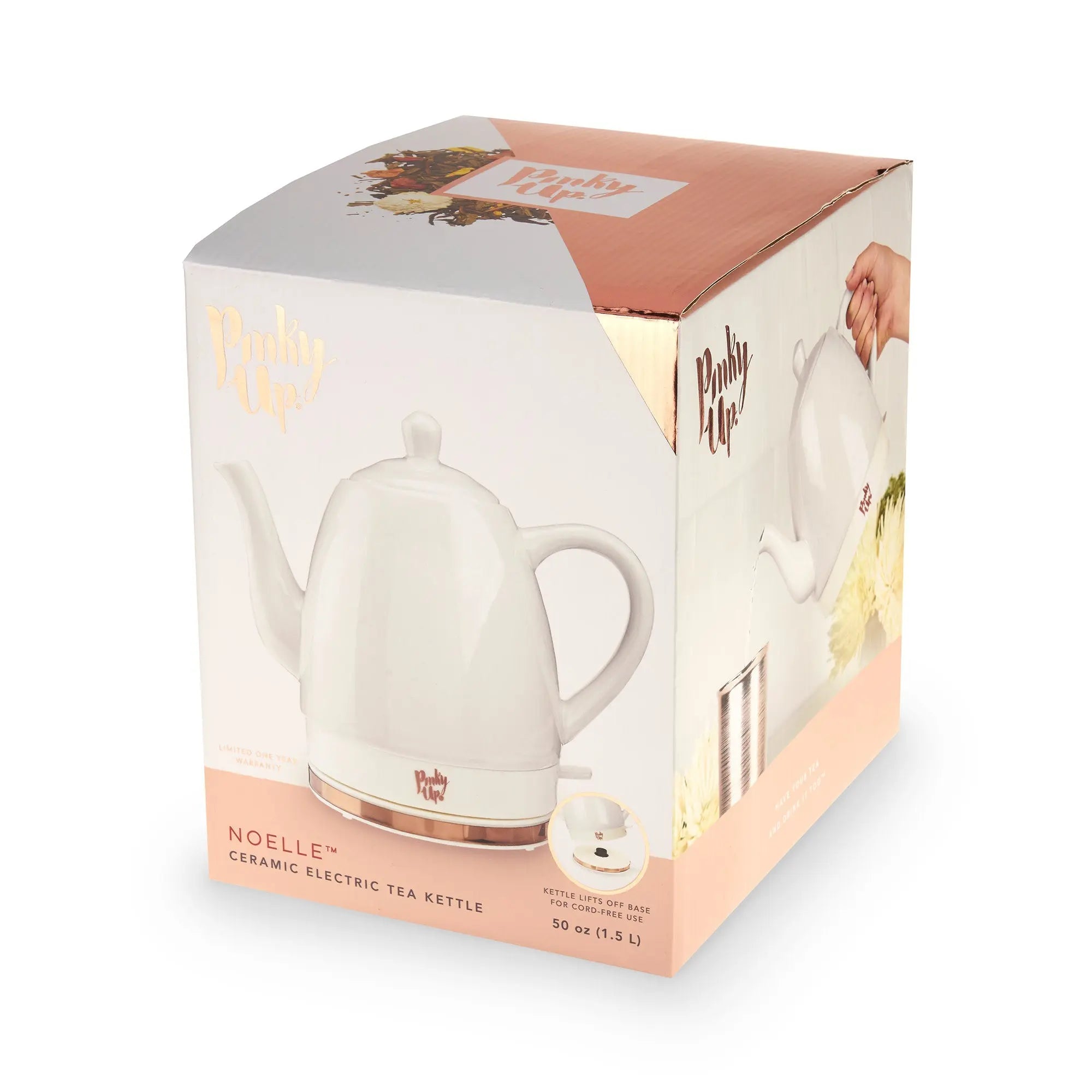 White ceramic electric tea kettle in a branded box on a white background