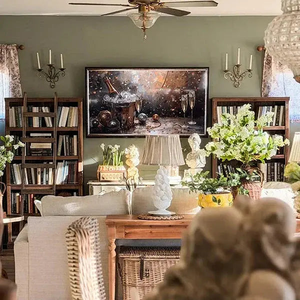 Cozy farmhouse living room with bookshelves, floral arrangements, and rustic decor for peaceful home ambiance