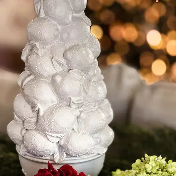 White ceramic citrus tree decor with textured fruit, cozy farmhouse style for warm home ambiance