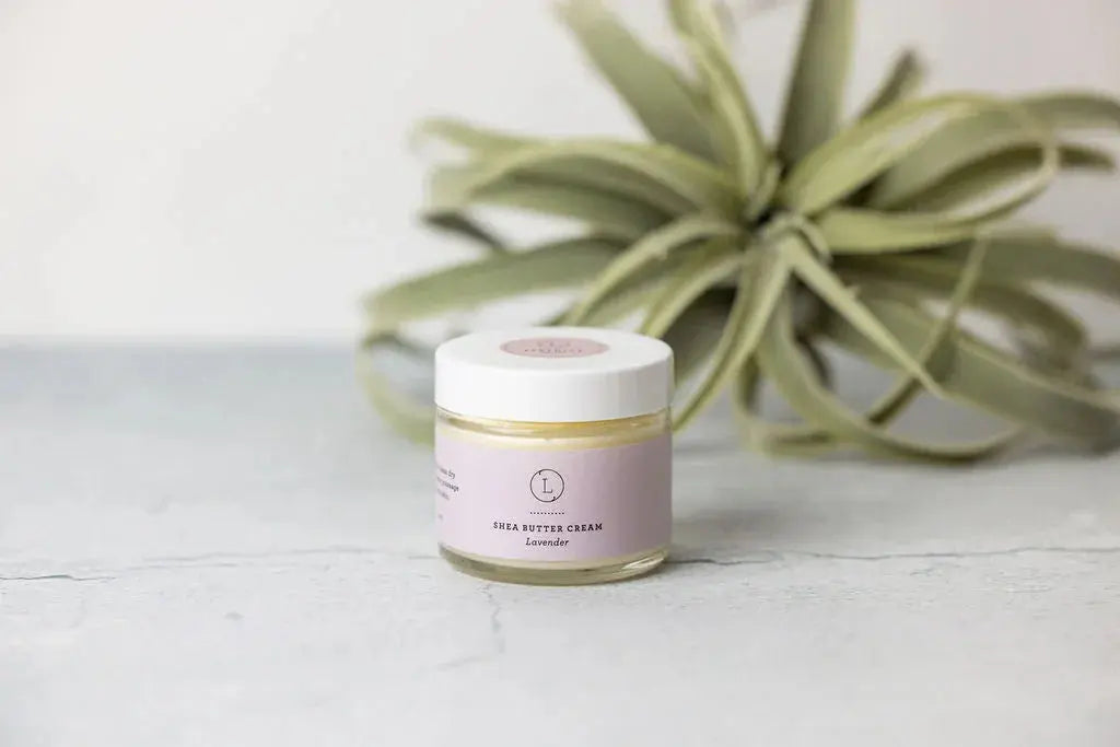Lavender shea butter cream in glass jar with air plant, cozy farmhouse bath essential