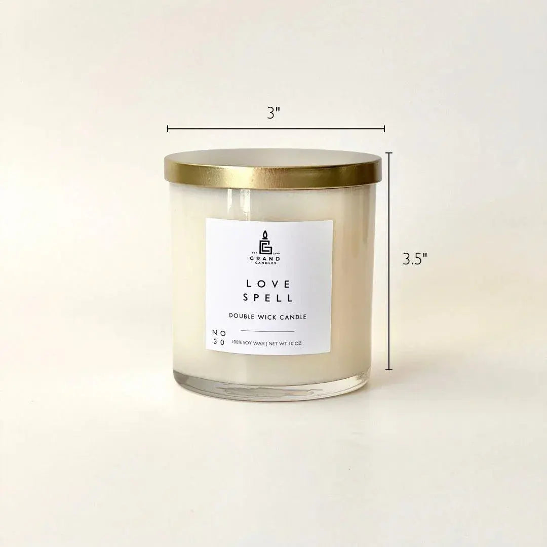 Love Spell double wick soy candle in glass jar with gold lid, cozy home decor