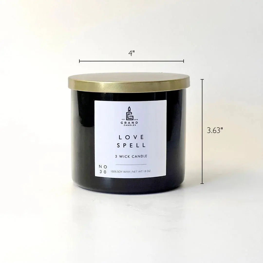 Love Spell 3-wick soy candle in black jar with gold lid, cozy home decor essential