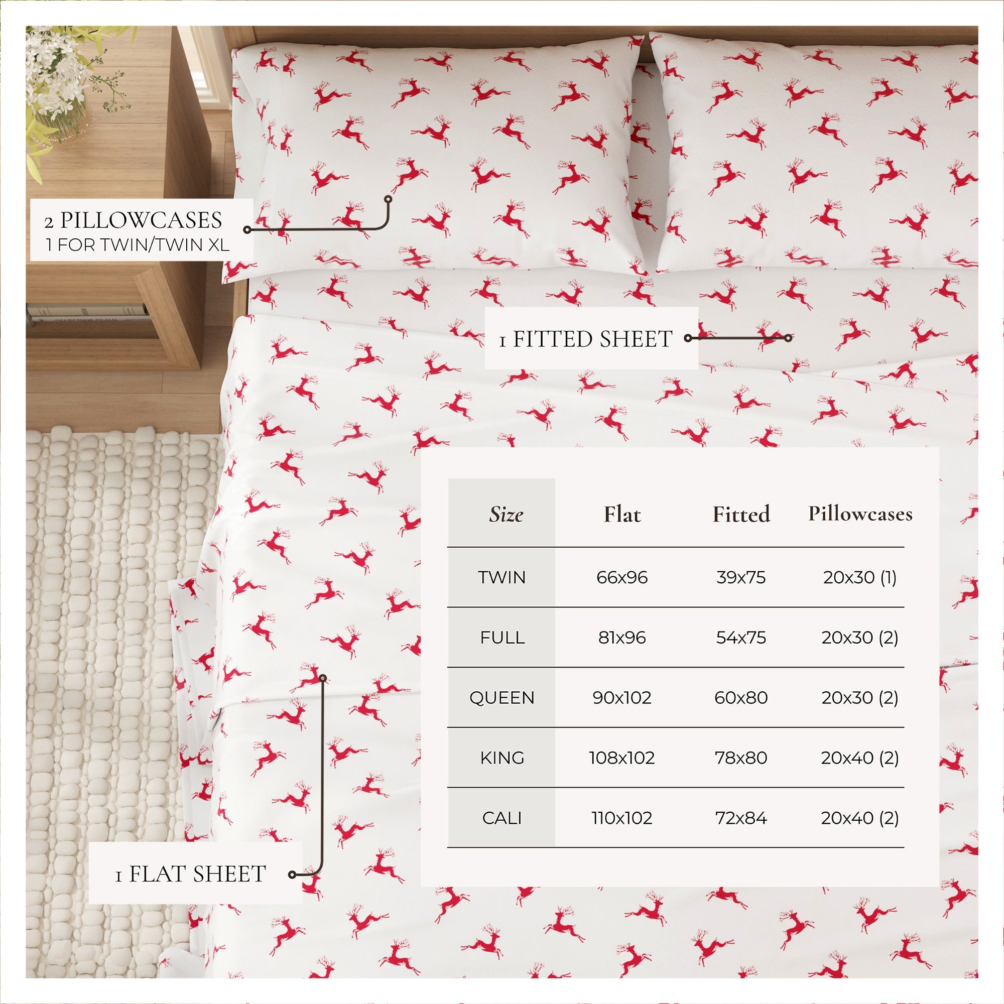 Bedding set with red deer pattern on white fabric, including pillowcases and a fitted sheet, with size chart.