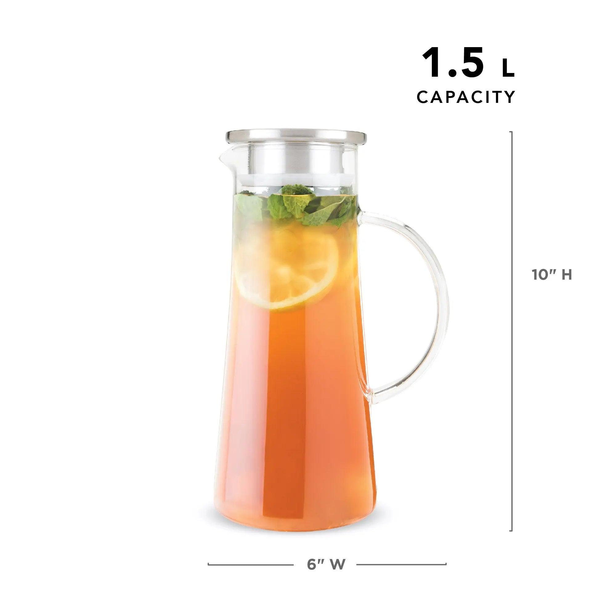 Glass pitcher with iced tea and lemon slice, labeled with capacity and dimensions.
