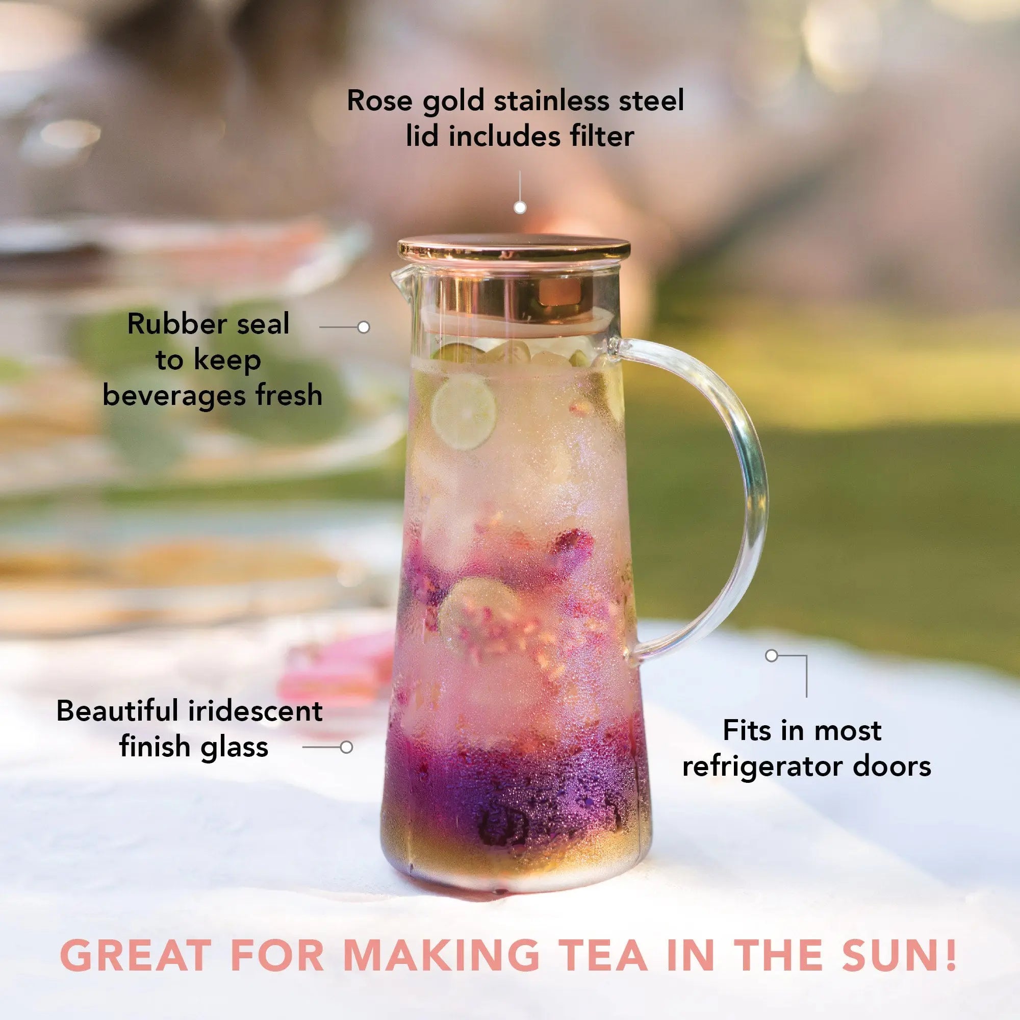 Rose gold stainless steel lid pitcher with iridescent finish glass, featuring text on its features.