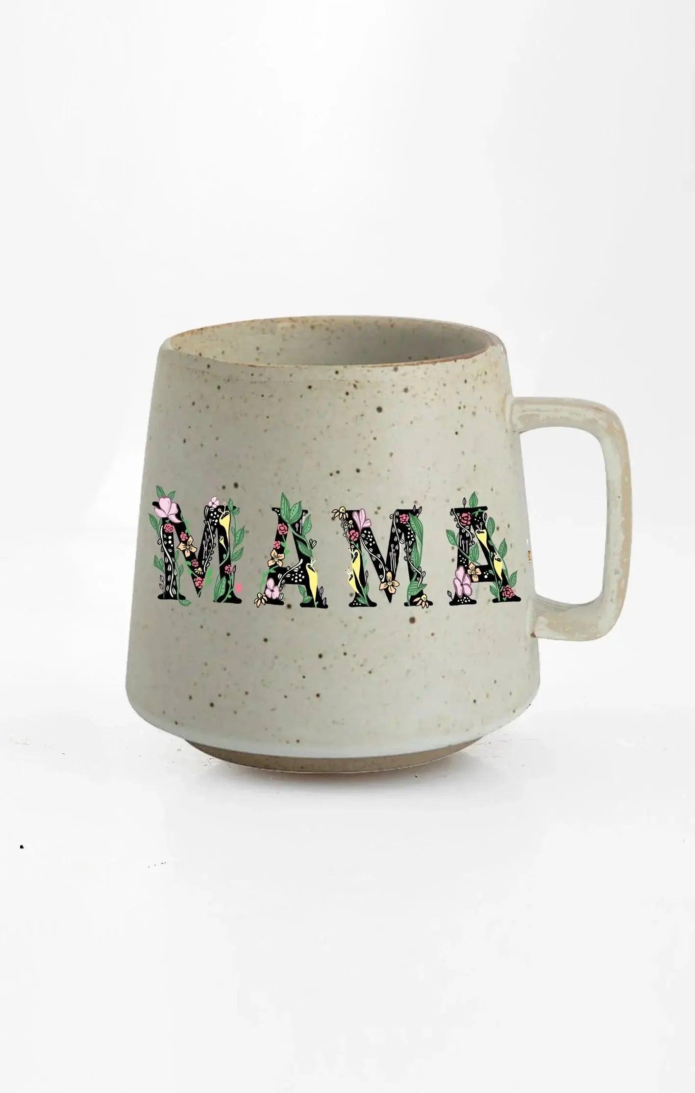 Speckled ceramic mug with floral 'MAMA' design, cozy farmhouse style home decor
