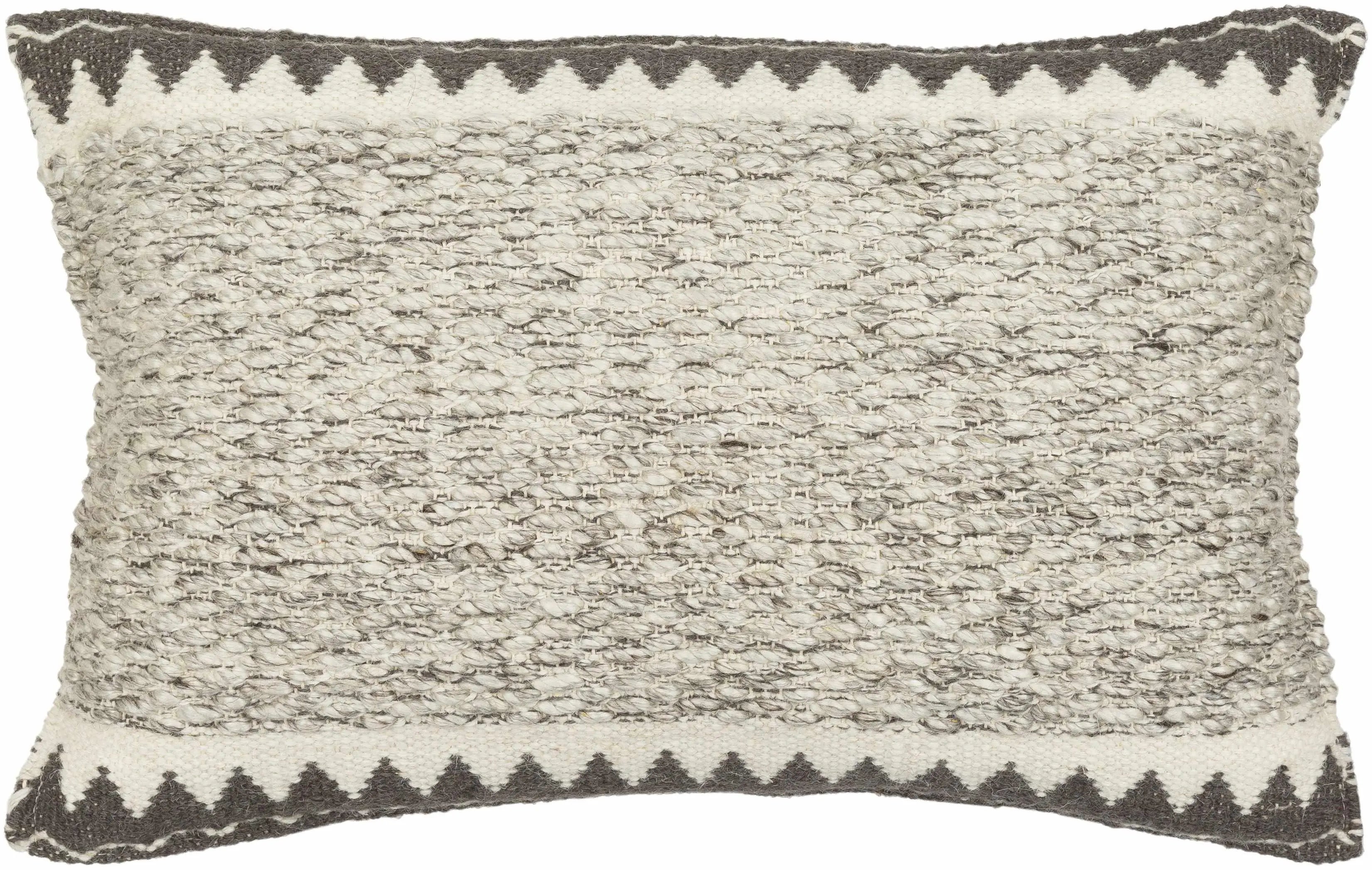 Cozy farmhouse throw pillow with woven texture and gray-white geometric pattern for cottage style decor