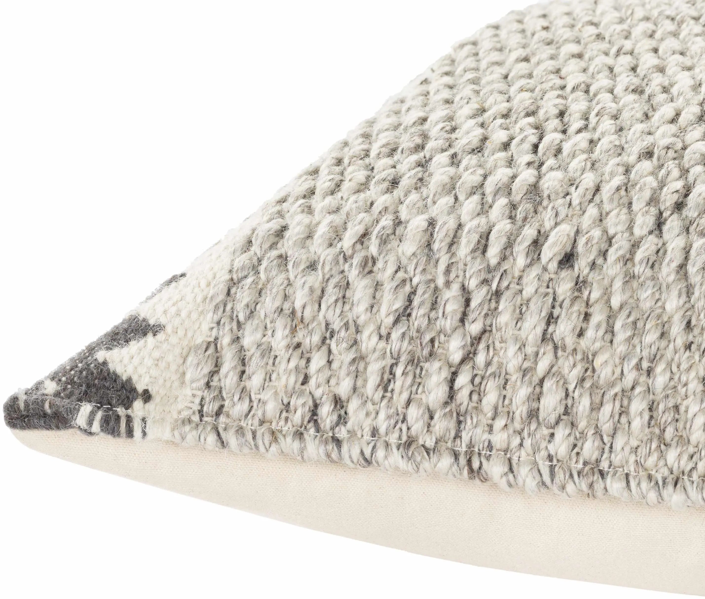 Cozy farmhouse throw pillow with textured knit pattern and neutral gray white tones for cottage decor