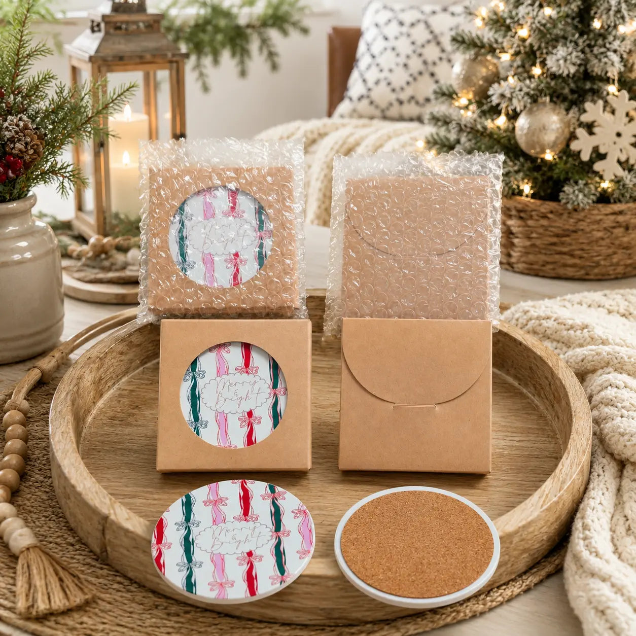 A set of round coasters and matching square boxes in kraft paper and bubble wrap, styled on a wooden tray with holiday decor in the background.