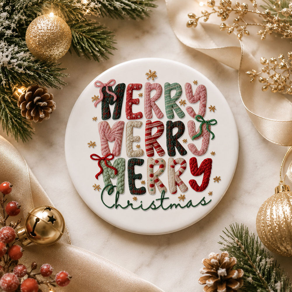 Round embroidered coaster with 'Merry Christmas' text surrounded by festive decorations on a marble surface.