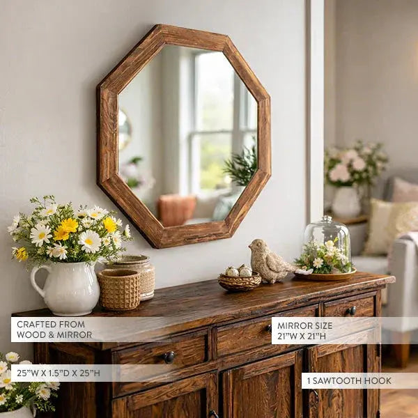 Rustic octagon wood mirror above farmhouse console table with daisies and decor