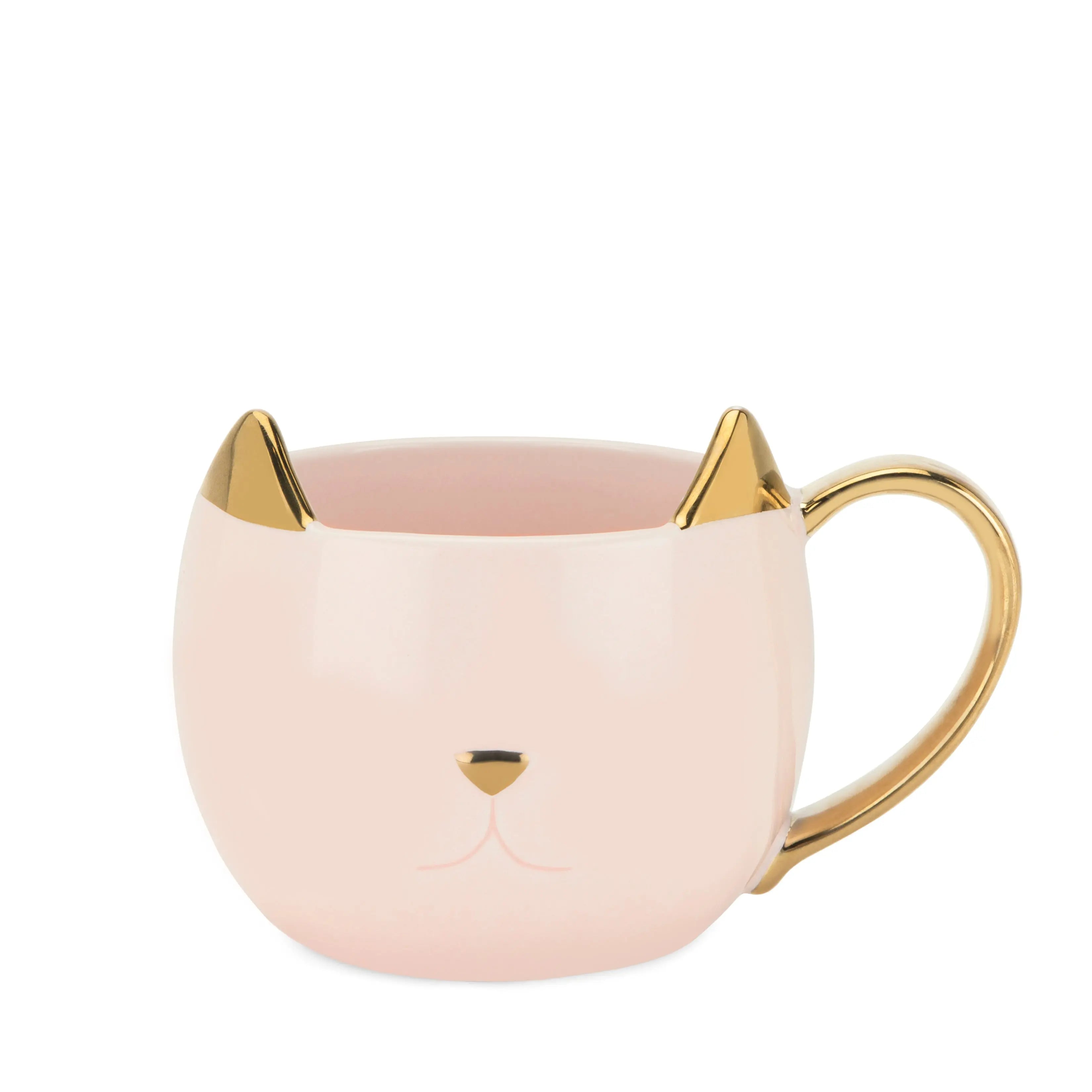 Pink mug with gold accents shaped like a cat on a white background