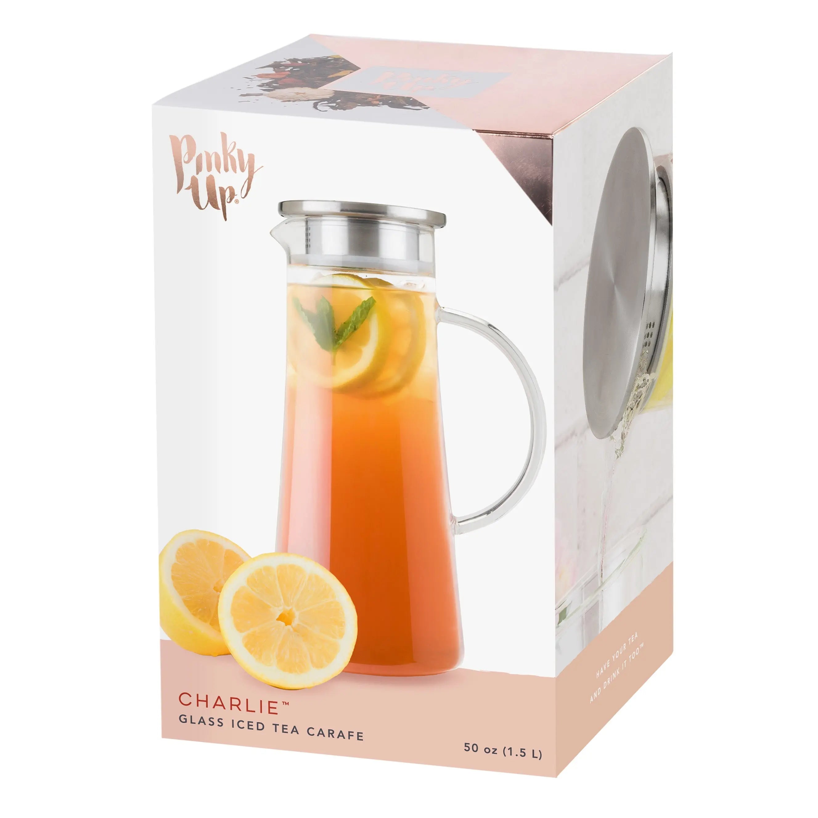 Glass iced tea carafe with lemon slices in packaging, featuring 'Pinkie Up' brand.