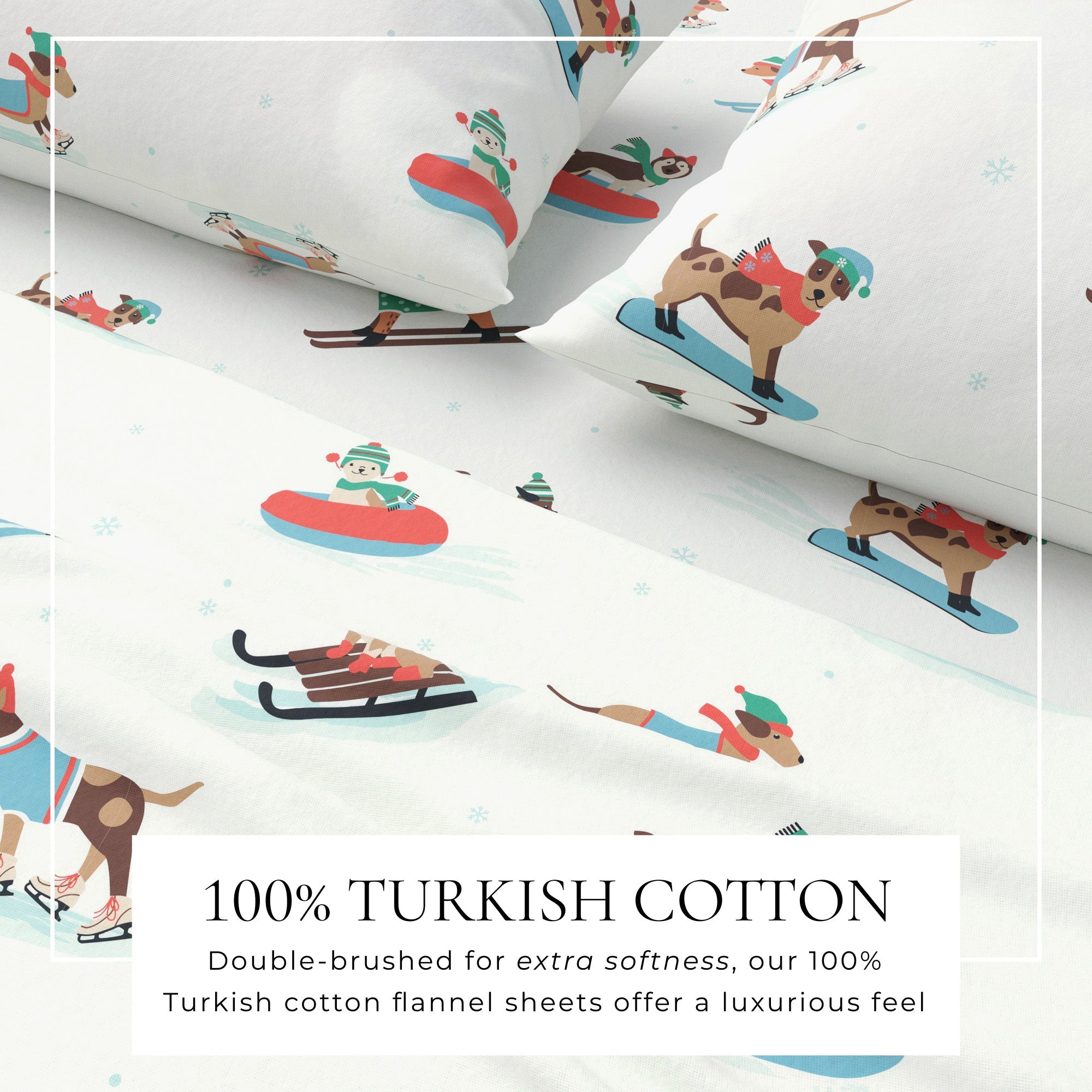 Flannel sheets with winter-themed dog illustrations on a white background, labeled as 100% Turkish cotton.
