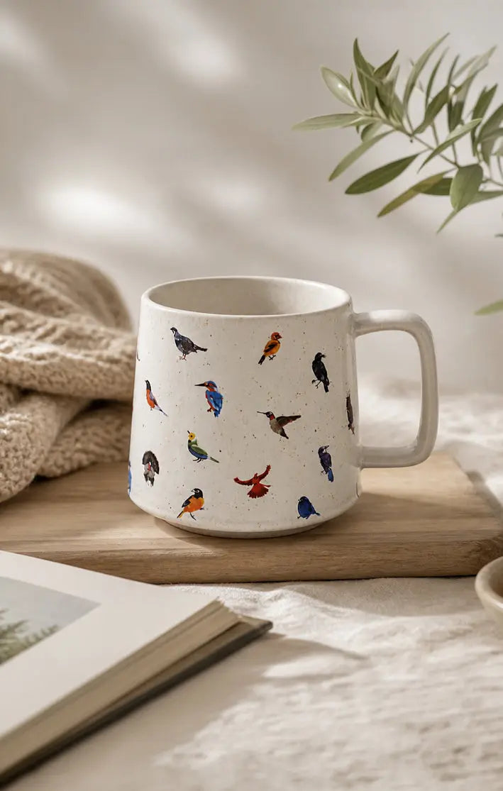 Ceramic mug with colorful bird print, cozy farmhouse decor, styled with knit blanket and greenery