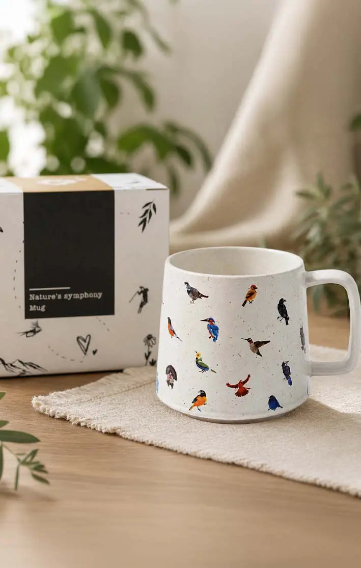Nature's Symphony bird print ceramic mug with gift box, cozy farmhouse decor