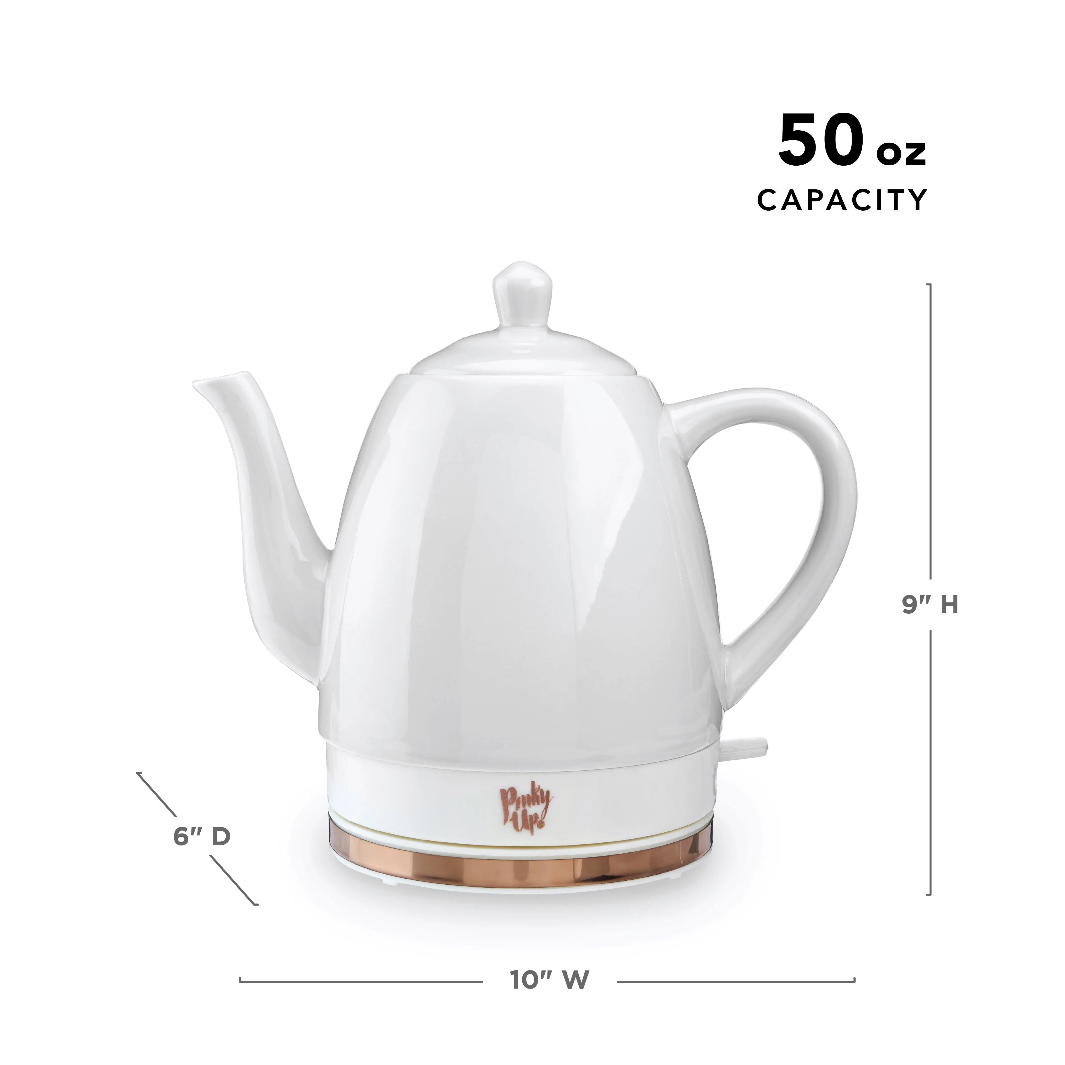 White electric kettle with dimensions and capacity label on a white background