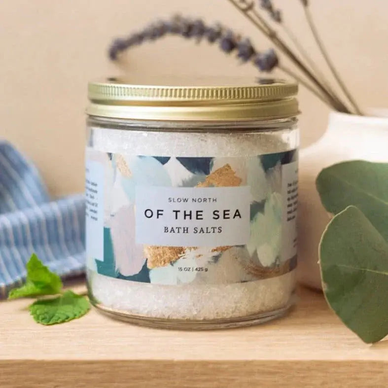 Of the Sea bath salts in glass jar with gold lid, farmhouse decor, lavender and mint accents