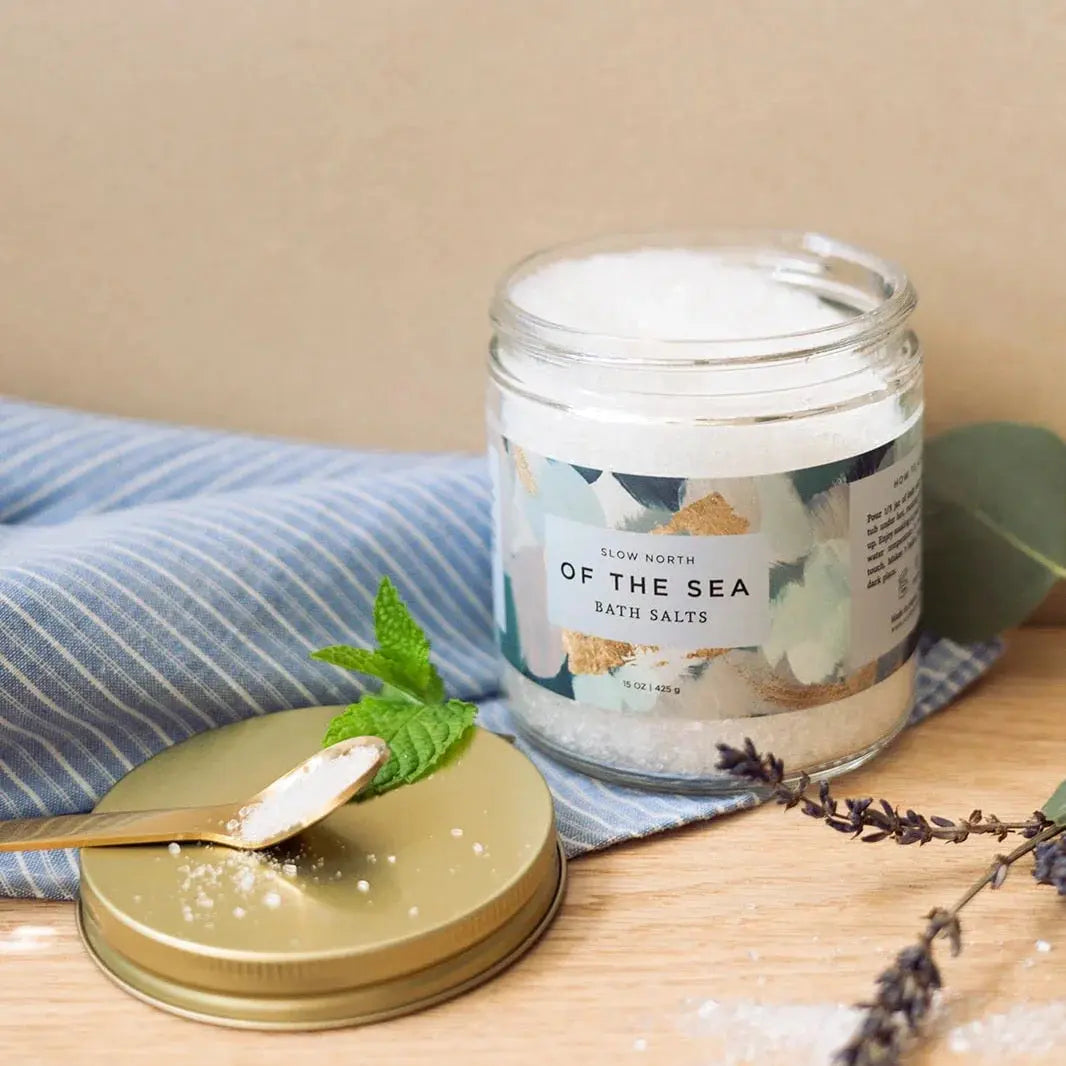 Of the Sea bath salts in glass jar with mint and lavender, cozy farmhouse bath essentials