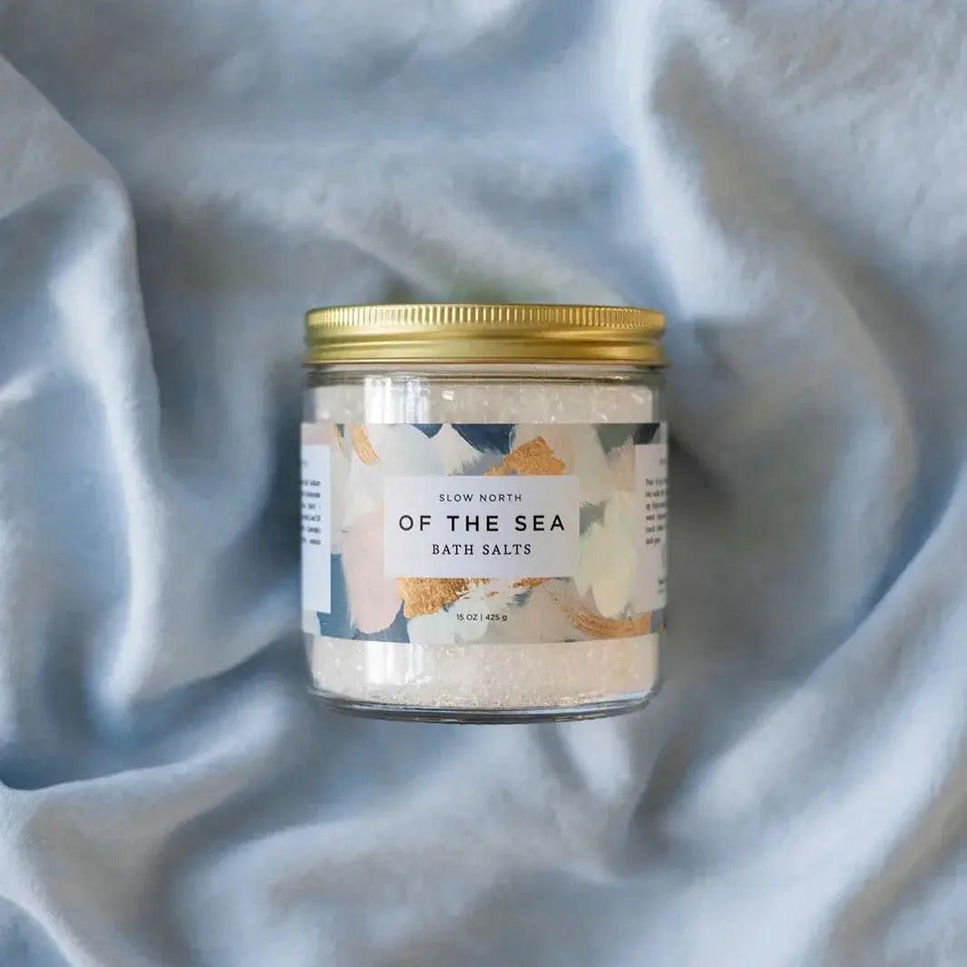 Of the Sea bath salts in glass jar with gold lid, cozy farmhouse decor