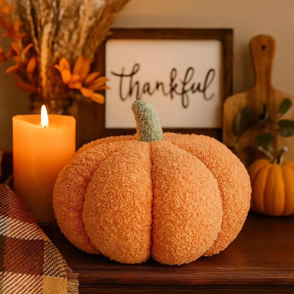 Decorative pumpkin with a candle and 'Thankful' sign on a wooden surface
