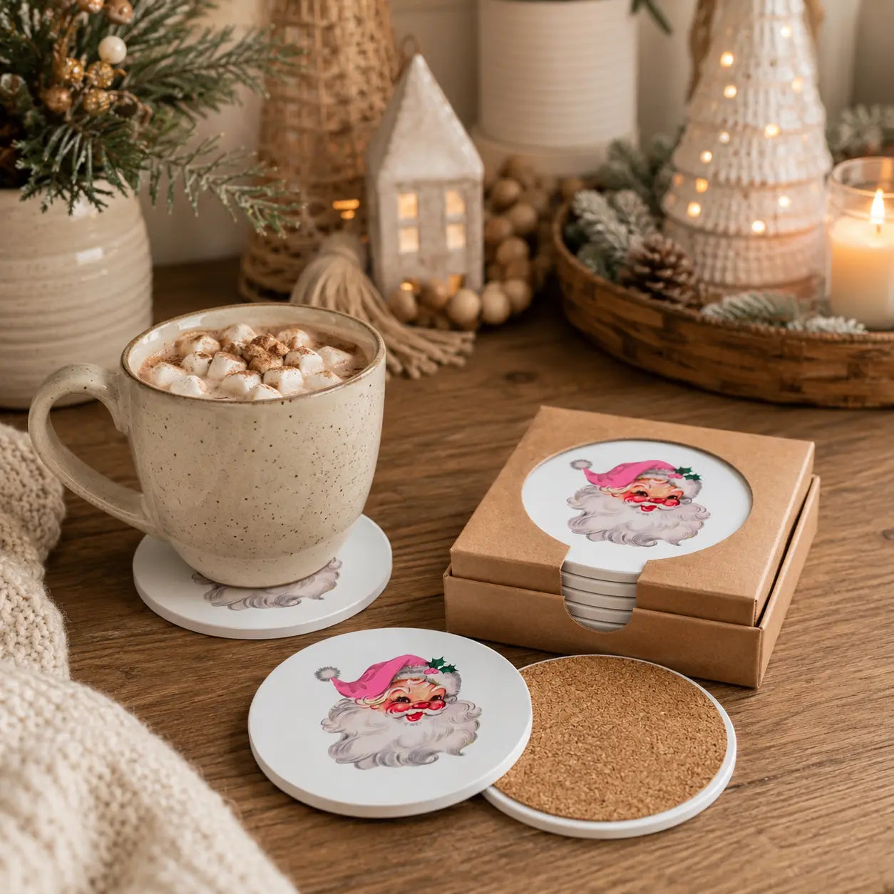 A set of round ceramic coasters with a Santa Claus illustration, shown on a wooden table with a mug of hot cocoa, a cork coaster insert, and a matching gift box. The scene is decorated with candles, pine branches, and a cozy winter aesthetic.
