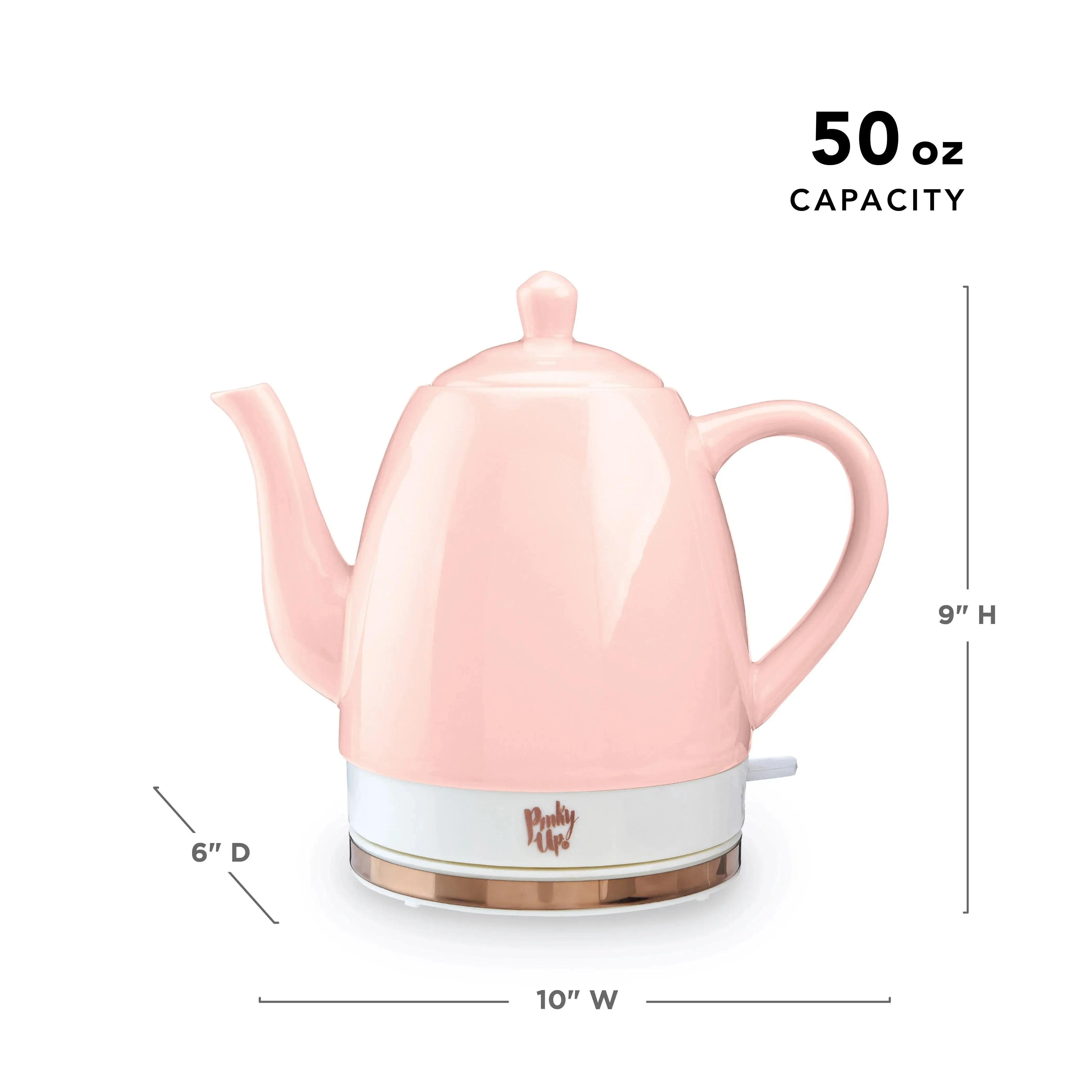 Pink electric kettle on a white background showing the capacity of the teapot 50oz