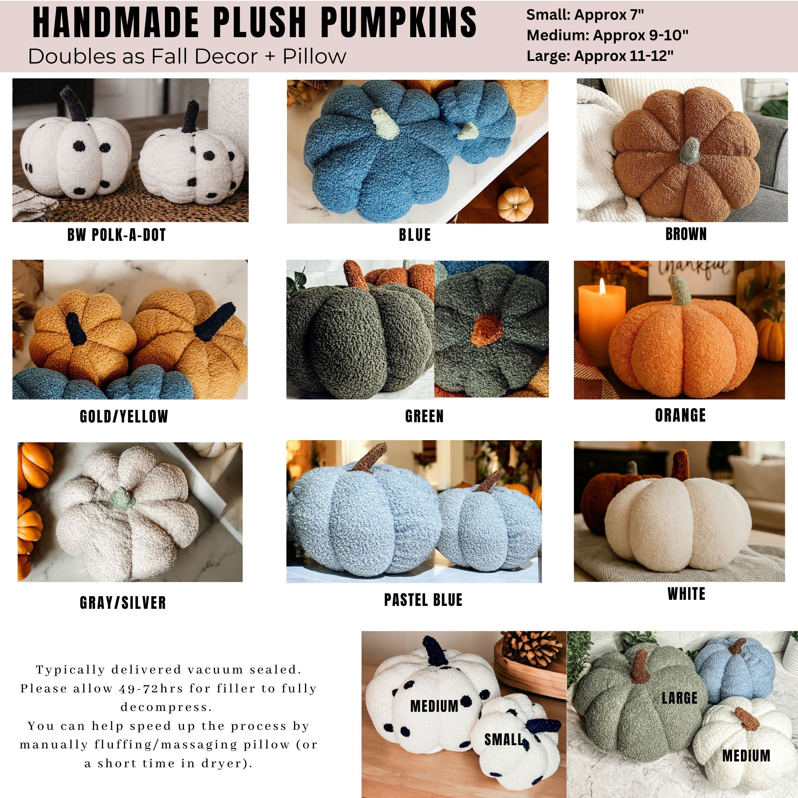 Handmade plush pumpkins in various colors with size information.