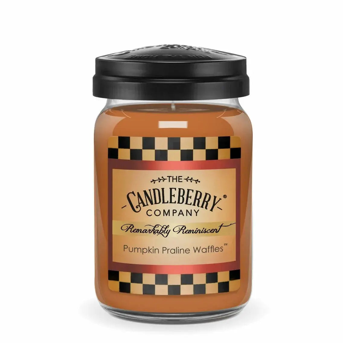 Candleberry Company Pumpkin Praline Waffles scented candle in glass jar with black lid, cozy fall home decor