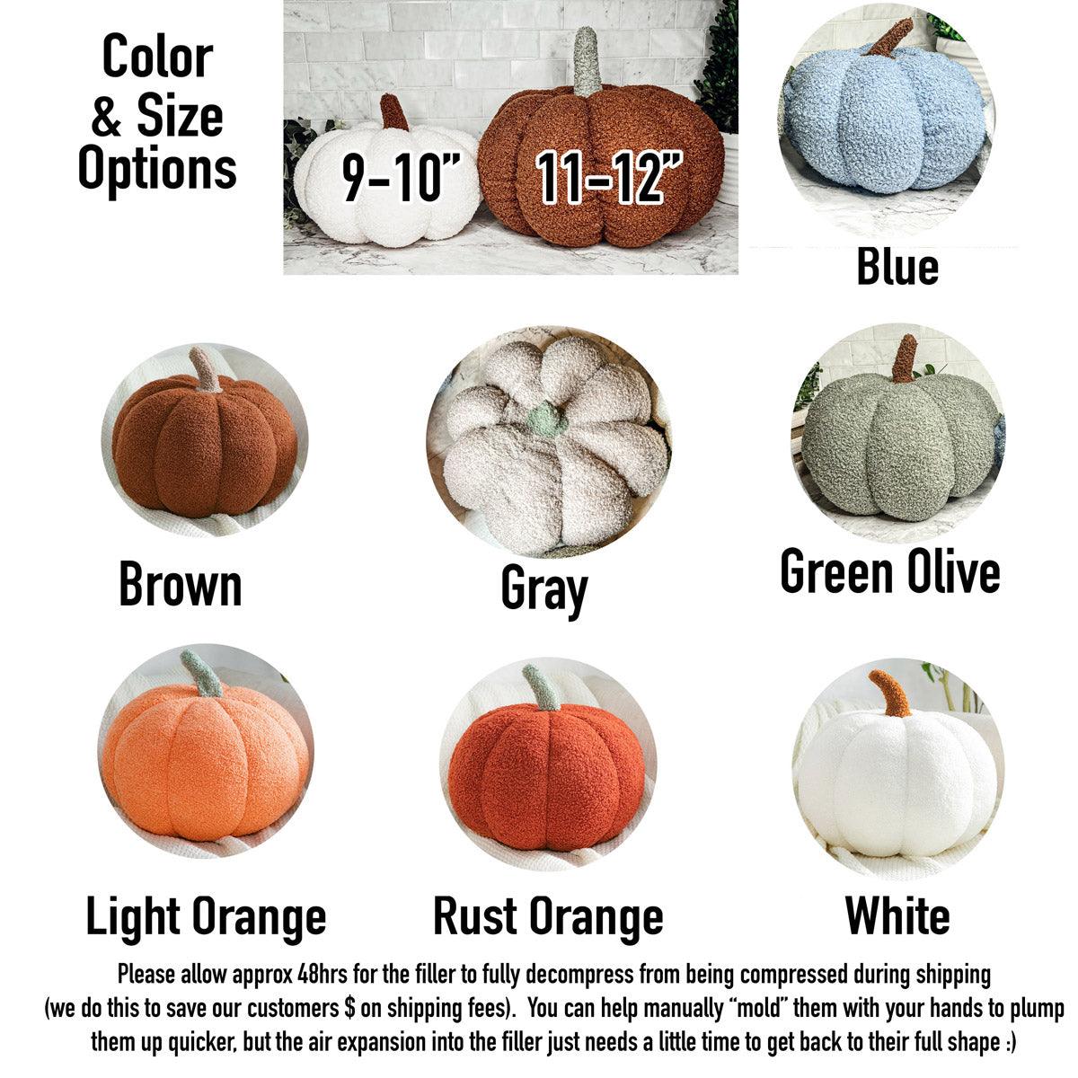 Color and size options of decorative pumpkins with measurements and color names.