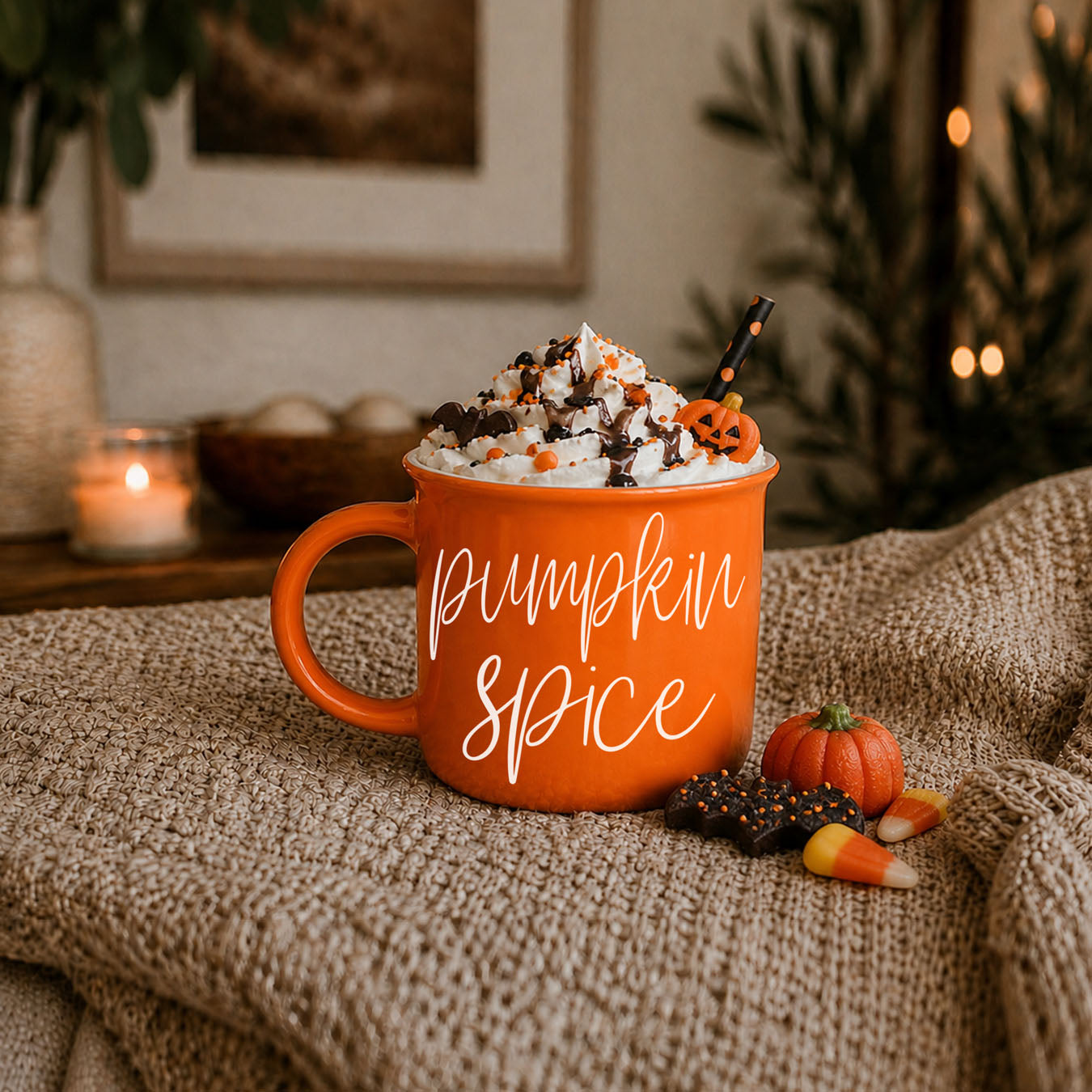 Orange 'Pumpkin Spice' mug with whipped cream and Halloween decorations on a textured surface.