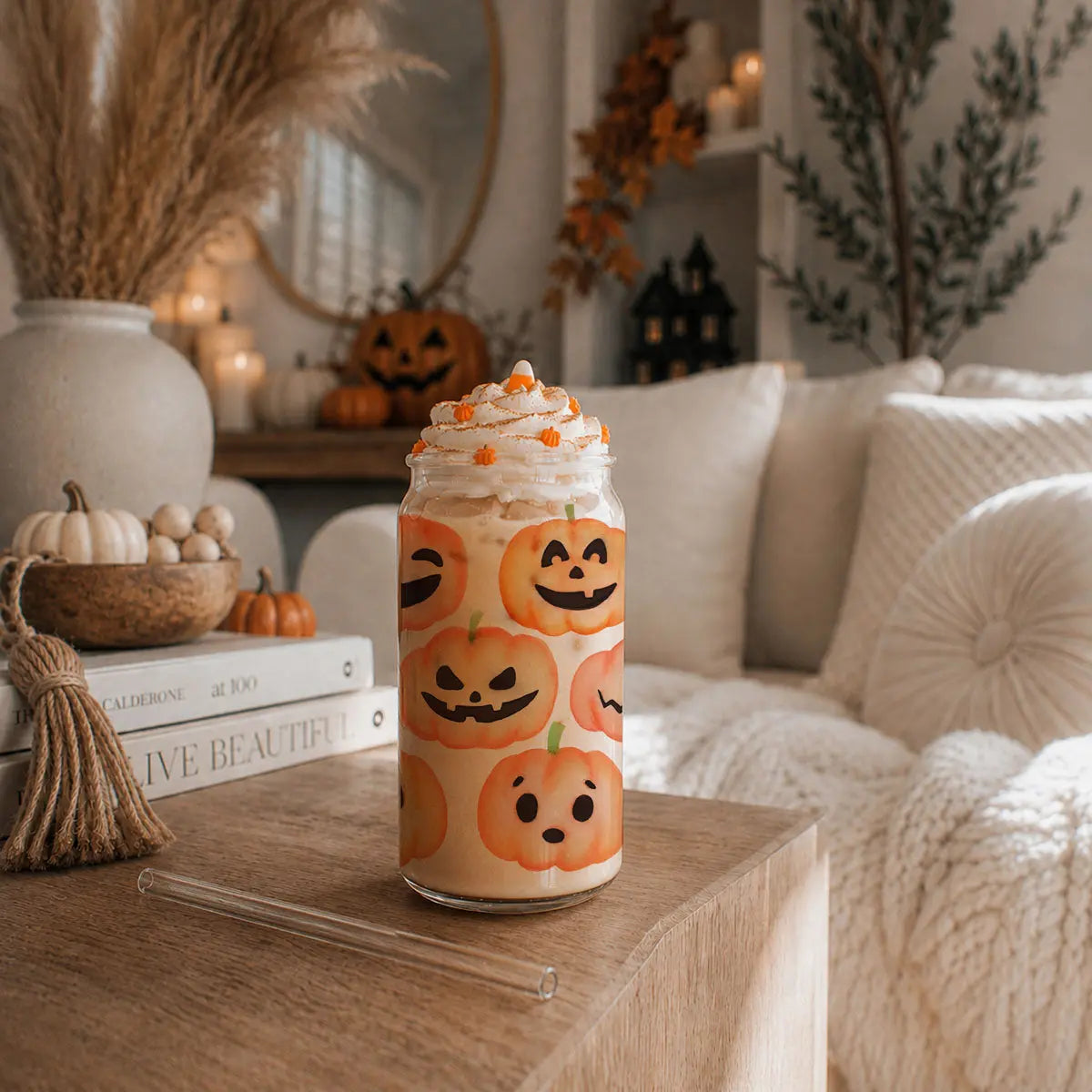 Halloween-themed cup with pumpkins on a wooden surface in a cozy living room.
