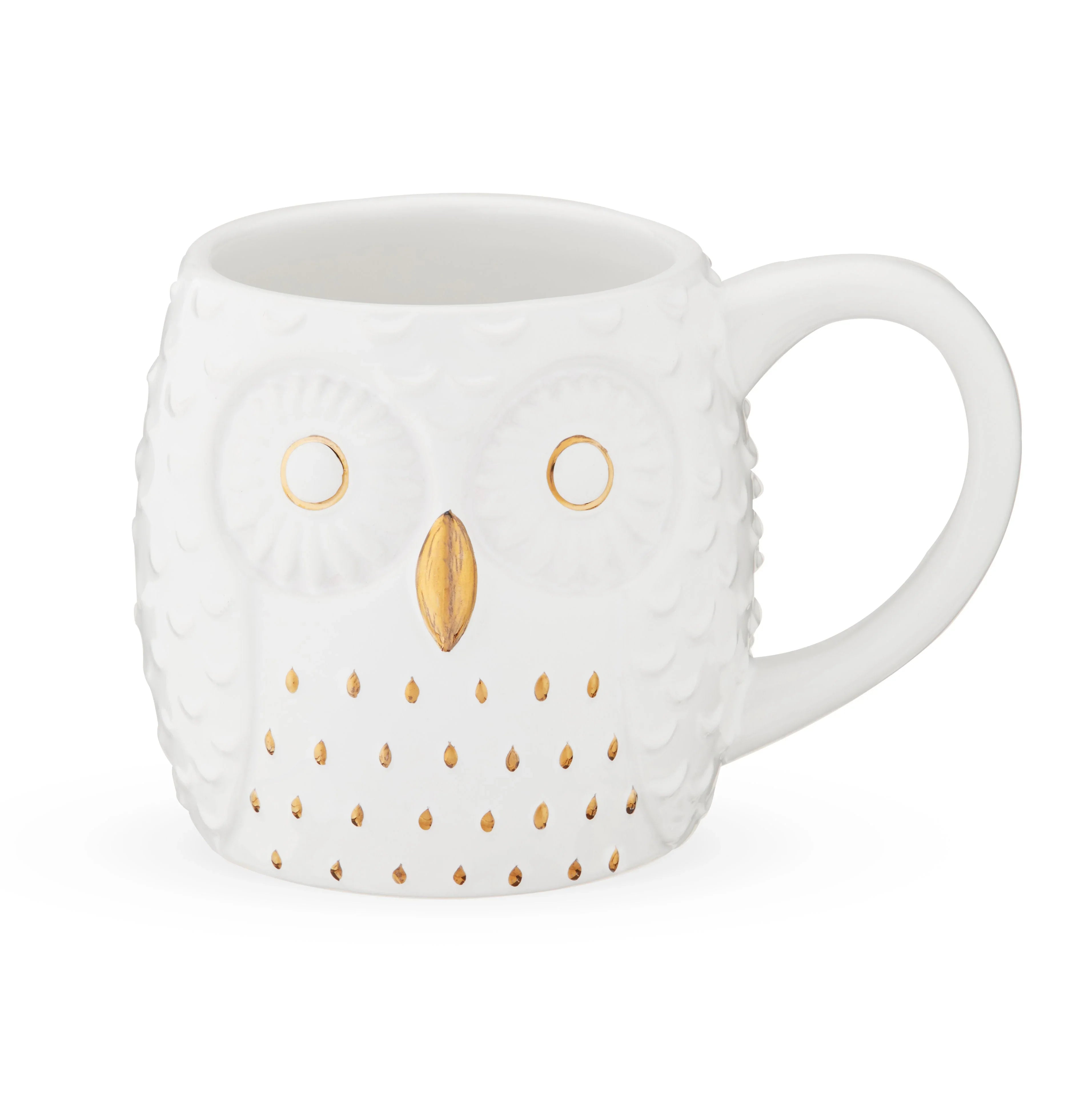 White mug with owl design featuring gold accents on a white background