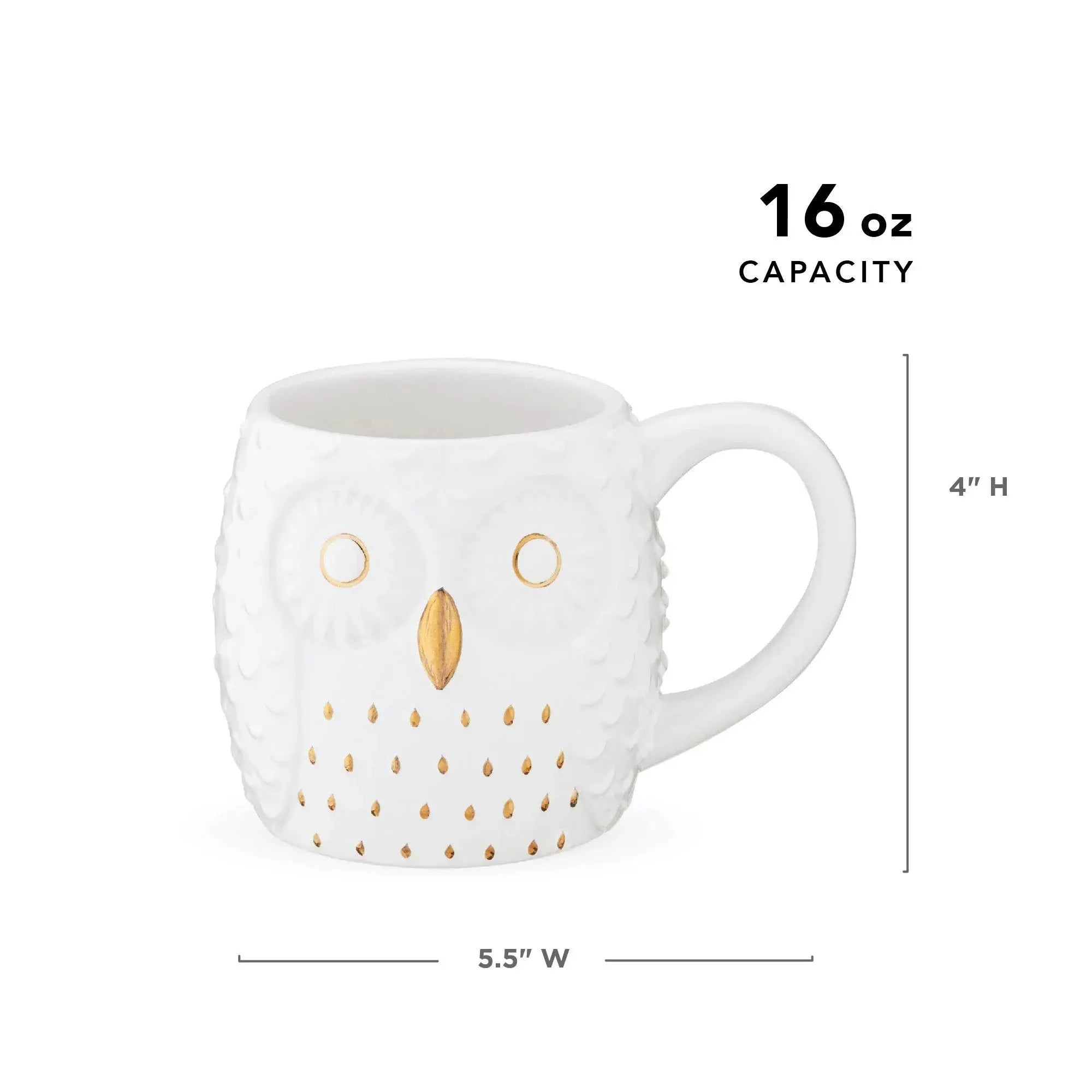 White owl mug with gold accents and measurements on a white background