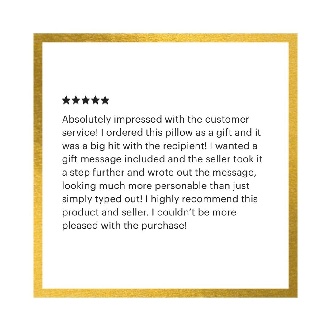 A square white card with a textured gold border, featuring a five-star rating and a customer review in black text.