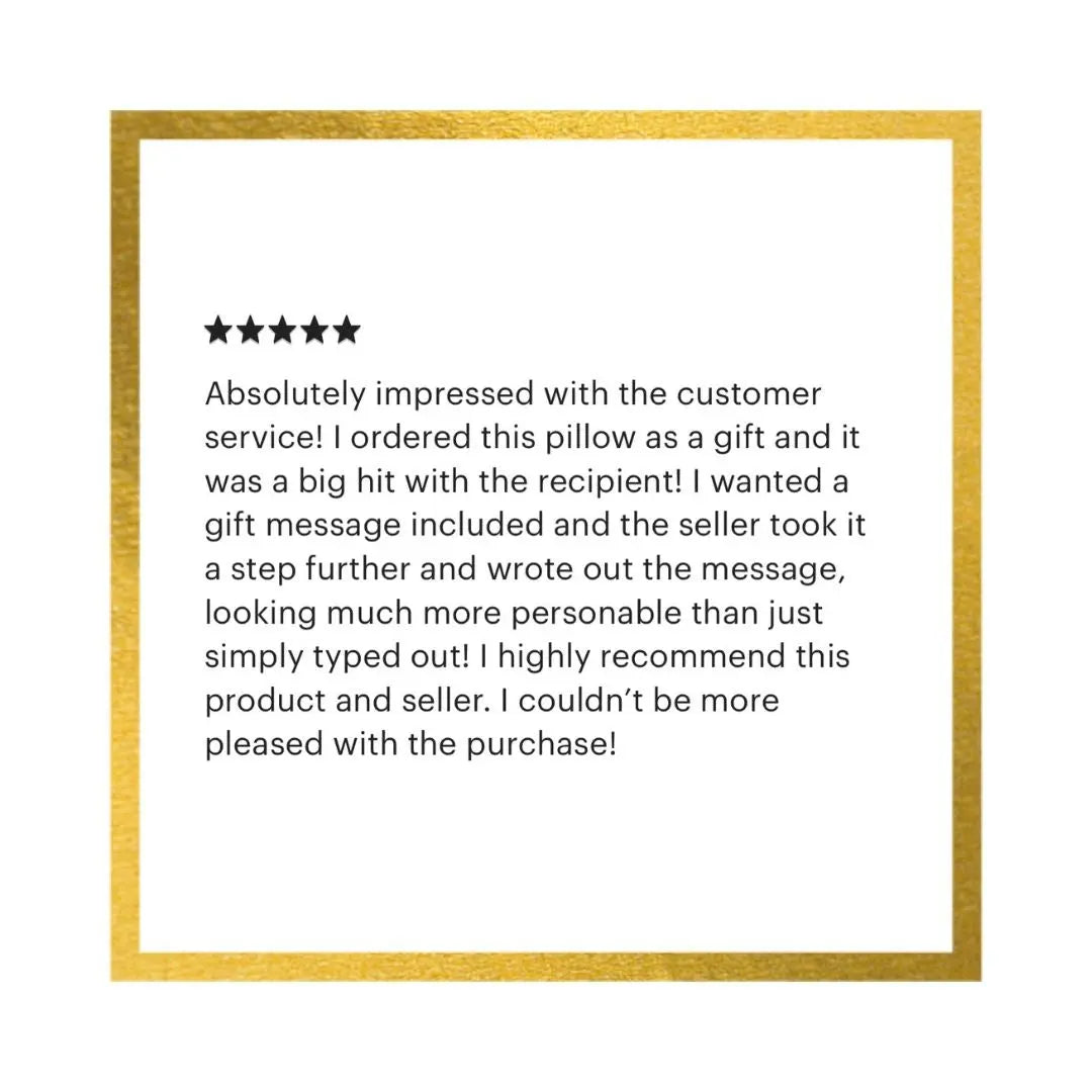 A square white card with a textured gold border, featuring a five-star rating and a customer review in black text.